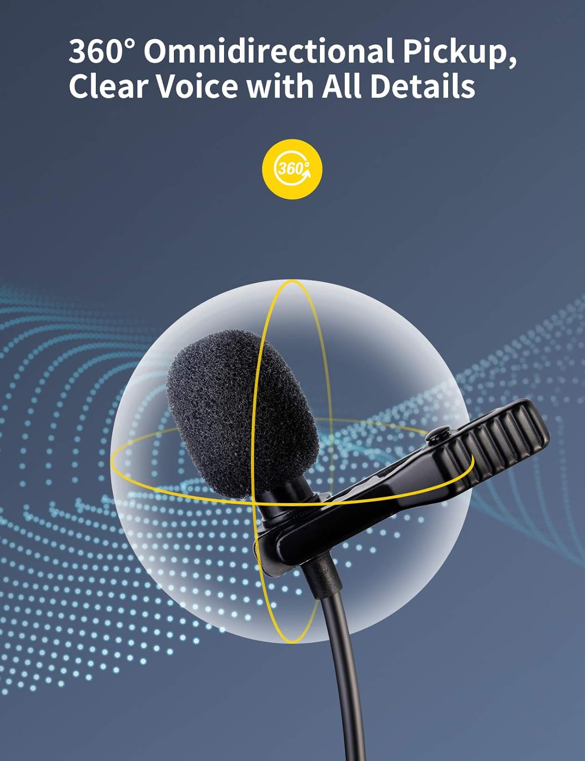 Diagram illustrating the 360-degree omnidirectional pickup pattern of the lavalier microphone, capturing sound from all directions.