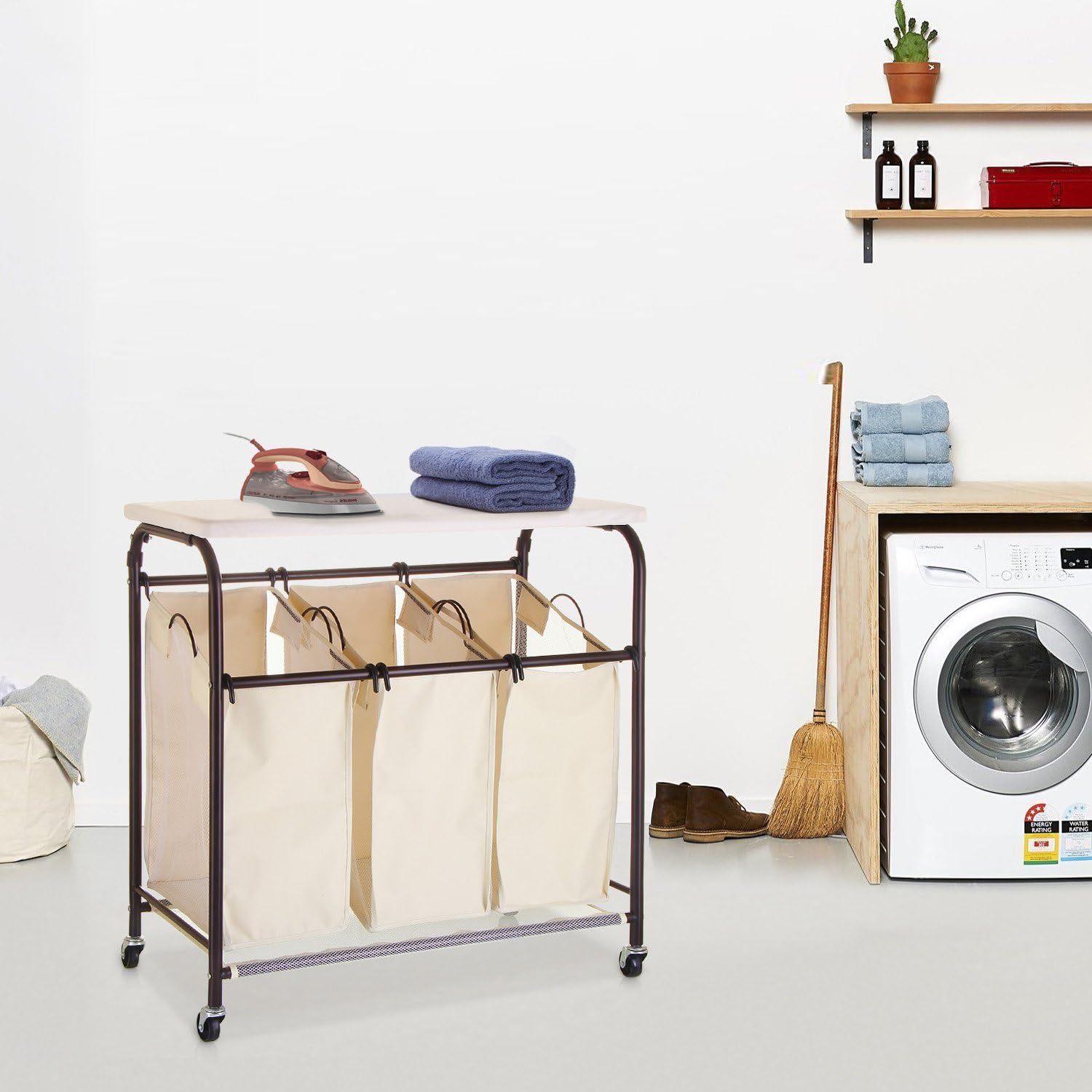 Featured Product Ollieroo Classic Rolling Laundry Sorter Cart Heavy Duty 3 Bags Laundry Hamper Sorter with Ironing Board (Beige)