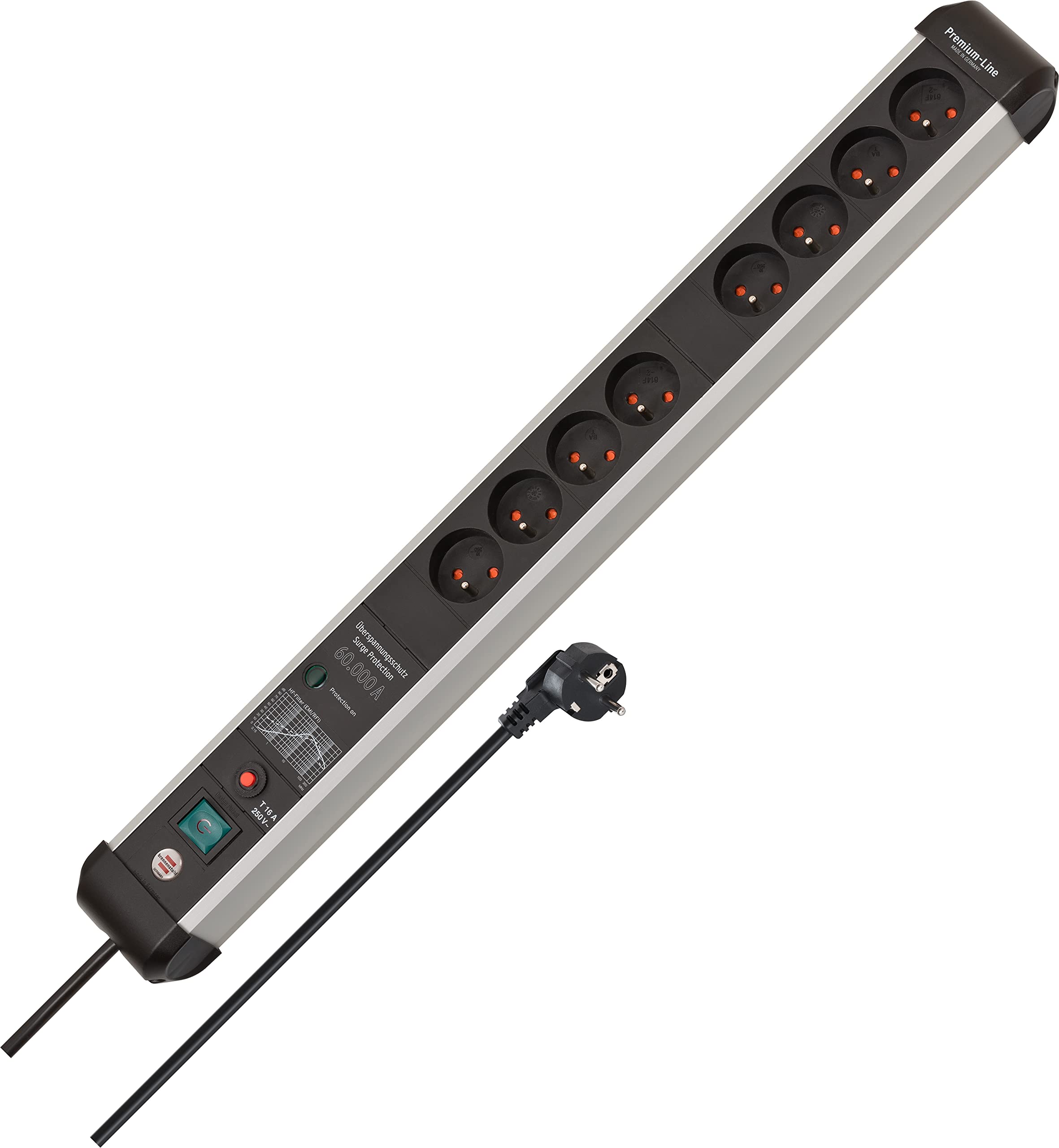 Brennenstuhl Premium-Protect-Line Steckdosenleiste 8-Fach, 3m | Mit Überspannungsschutz 60.000 A, mit Schalter, Made in Germany, silber/schwarz