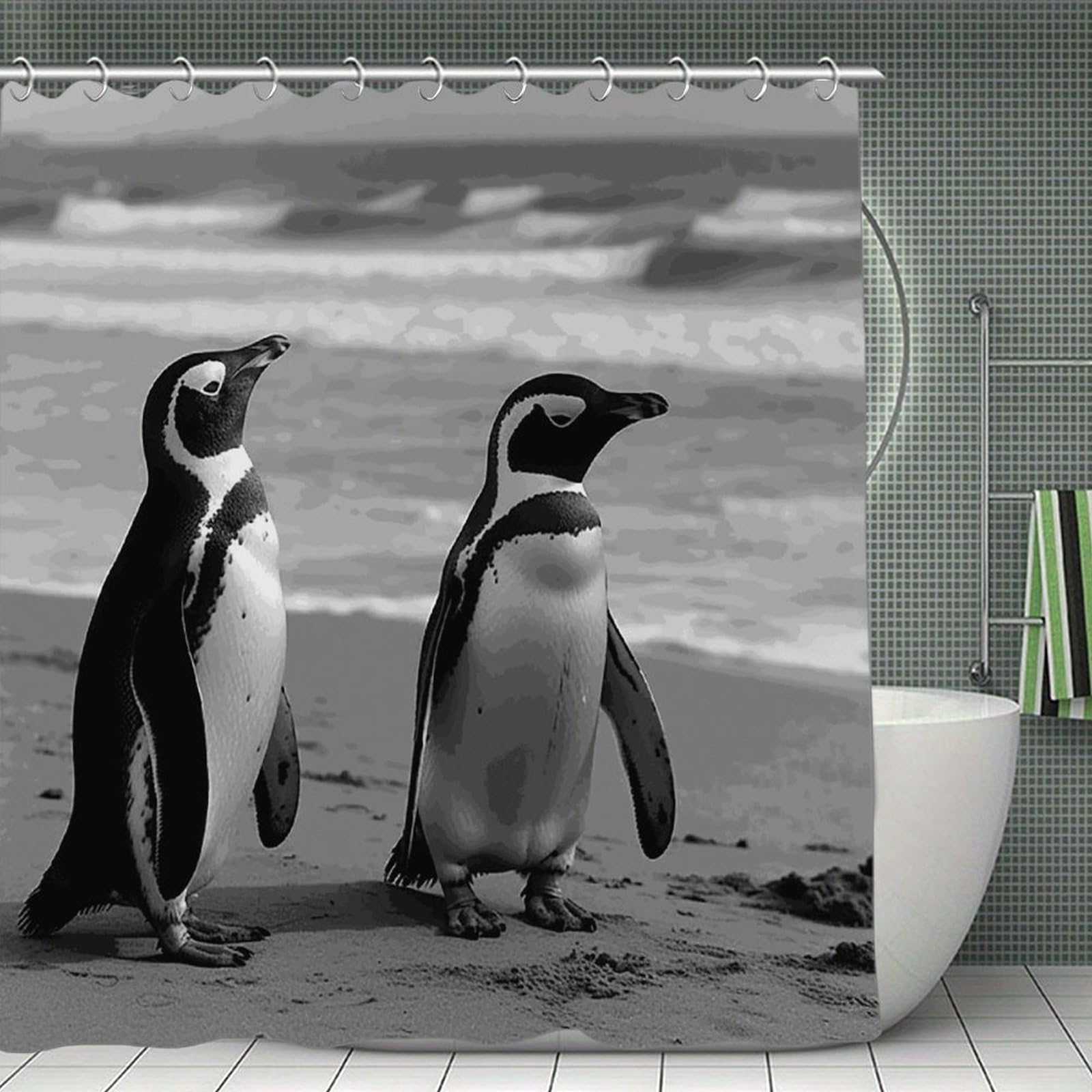 JTREHY Penguin Standing on The Beach Shower Curtain Heavy Duty Waterproof Shower Curtain Elegant Modern Farmhouse Country Ultra Thick Bath Curtains Machine Washable Showers Curtains 70.8"x70.8"