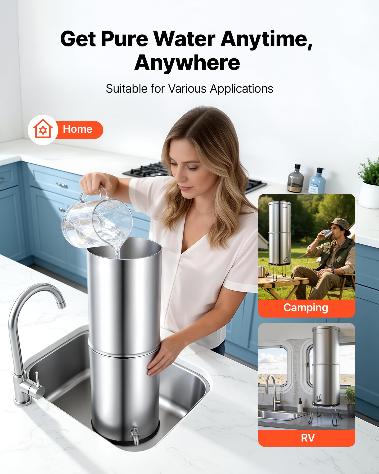 VEVOR Sistema de Filtración de Agua por Gravedad 12,3 L Acero Inoxidable, Reduce el Plomo y Hasta 99% del Cloro, Con 2 Filtros de Carbón y 2 Filtros Desfluorantes, Con Grifo y Soporte, Para Encimera