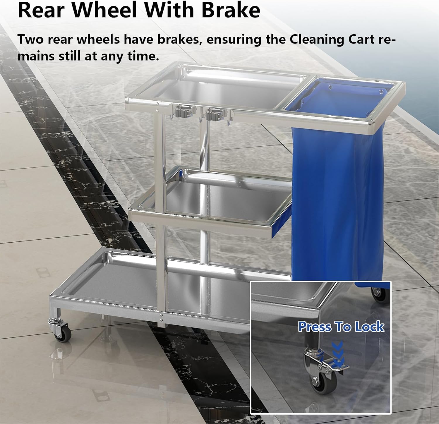 Commercial Stainless Steel Janitorial Utility Cart with 3 Shelves, Heavy-Duty Housekeeping Cleaning Cart on Wheels, Includes 14" Vinyl Bag for Efficient Organization and Cleaning