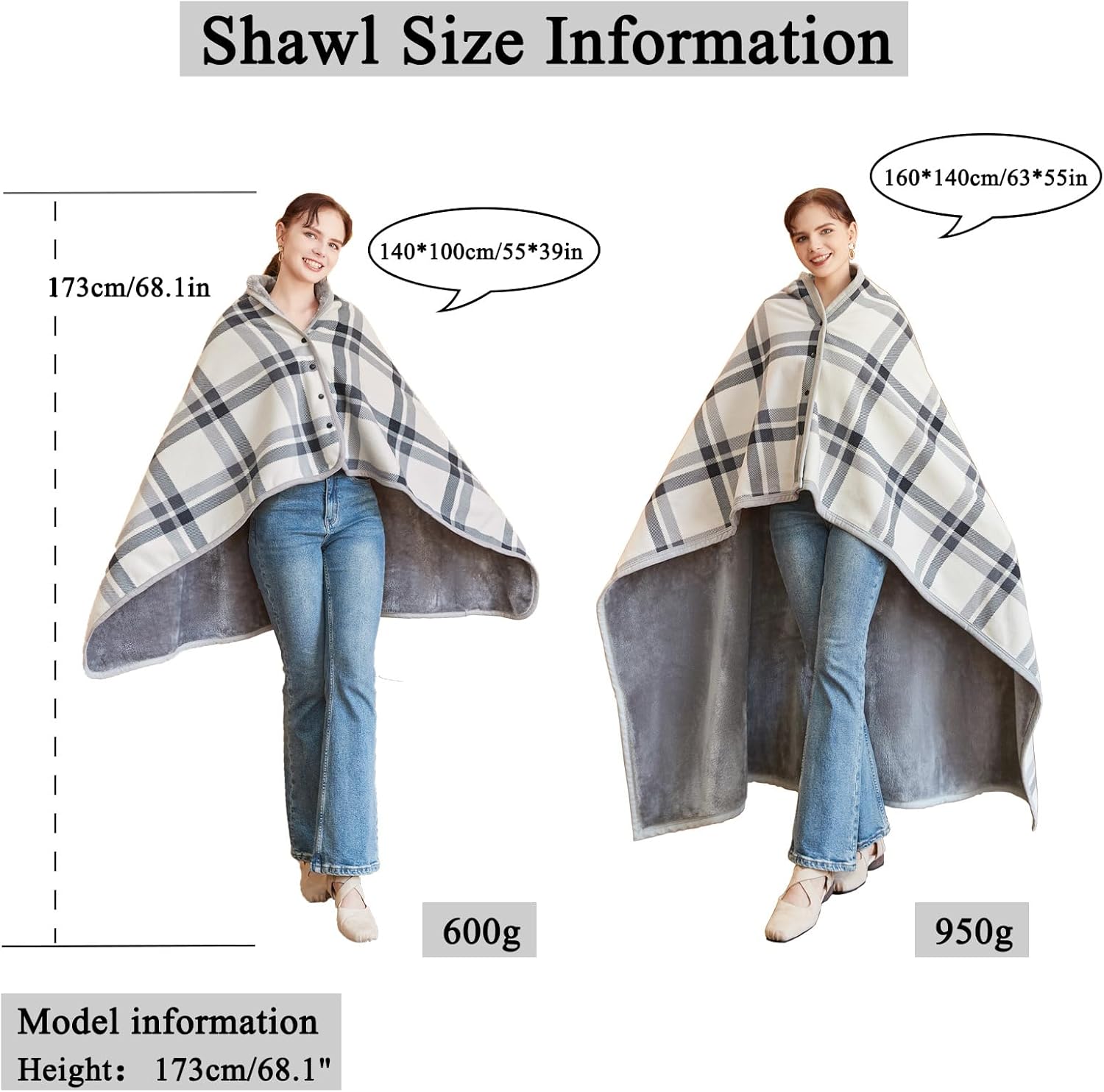 forestfish Fleece Wearable Blanket, Plaid Lap Blanket Comfy Poncho Throw with Buttons for Bed Sofa Office, Grey-White - Image 2