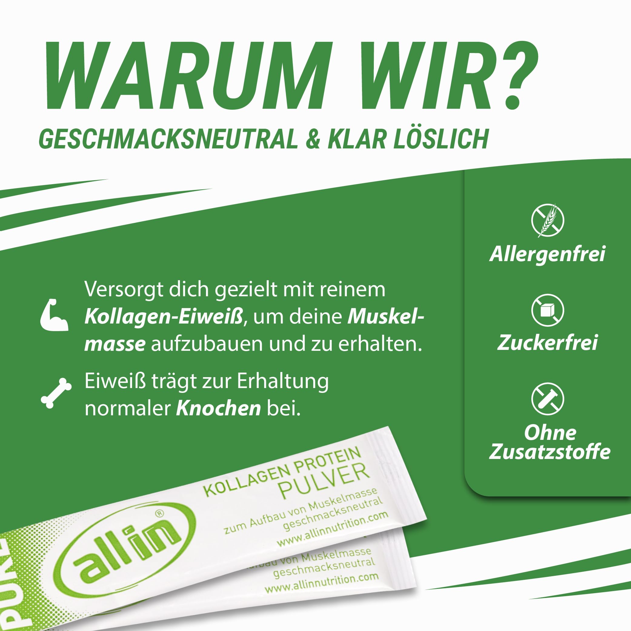 all in® PURE reines Kollagen Protein Pulver 100 x 5g Stick ohne Kohlenhydrate - Sportnahrung hochwertiges Eiweiß ohne Zusatzstoffe ideal zum Muskelaufbau | Geschmacksneutrales Kollagen Pulver vom Rind