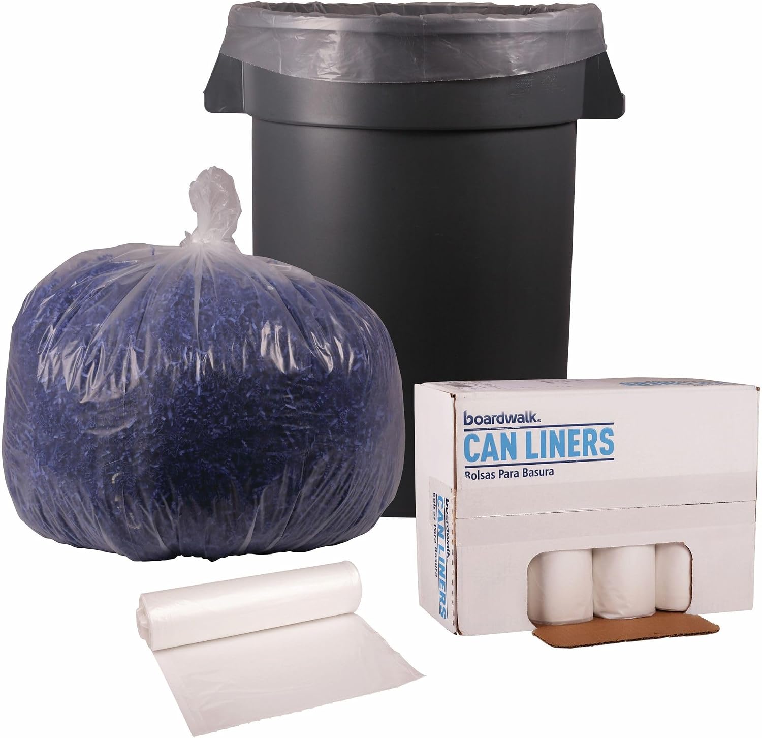 Boardwalk Recycled Low-Density Polyethylene Can Liners, 33 Gallon Garbage Bags, 1.1 mil, 33" x 39", Clear, 10 Bags/Roll, 10 Rolls/Carton