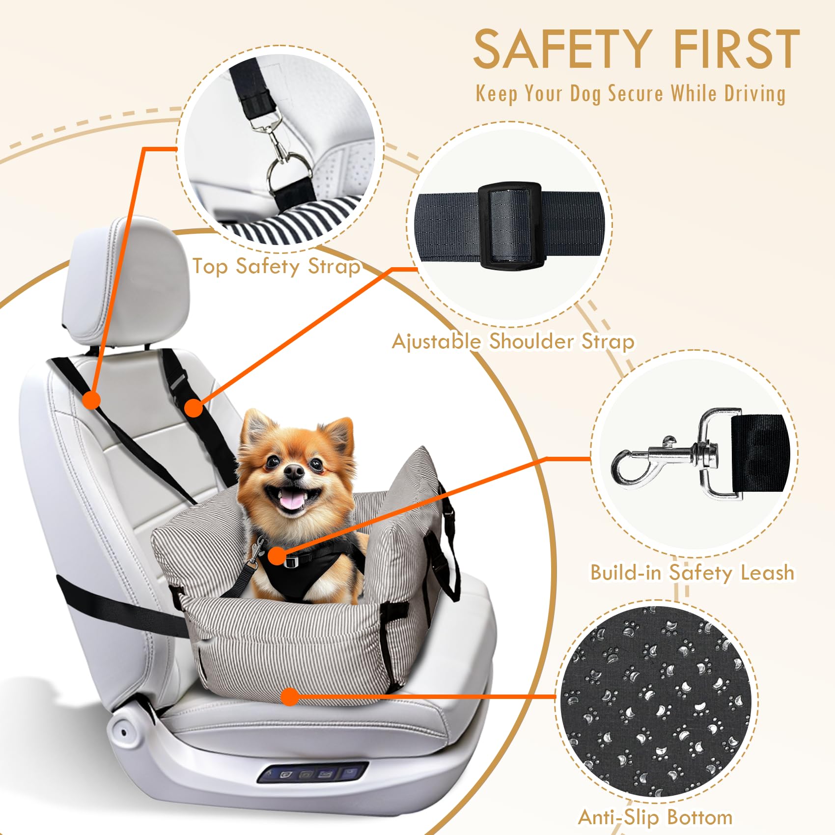 Asiento de coche para perros pequeños y medianos – Asiento elevado para mascotas con cinturón de seguridad, base antideslizante y bolsillos de almacenamiento para viajes en coche, 52 x 52 cm