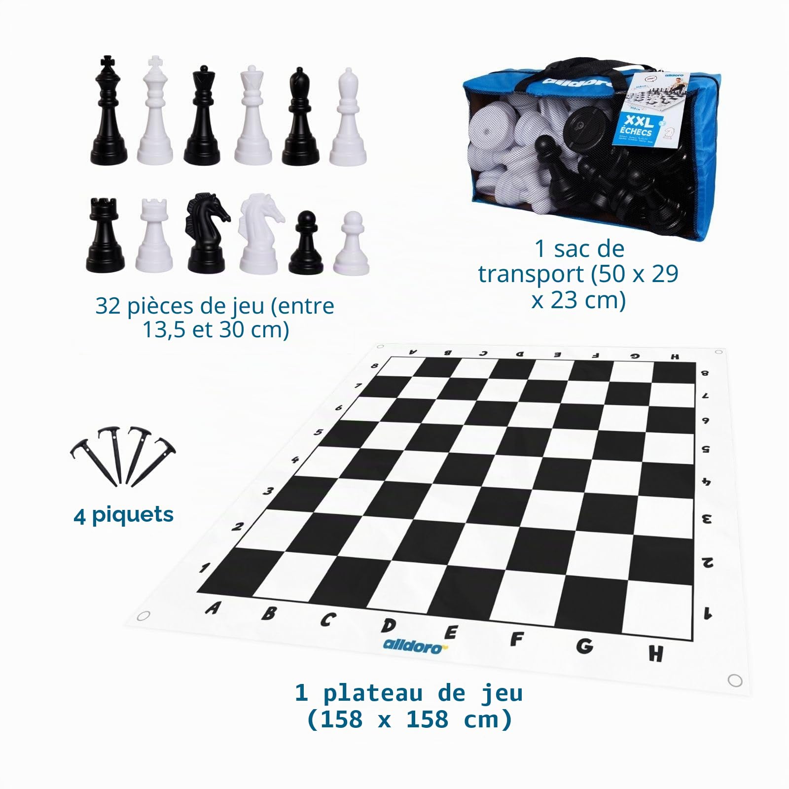 Alldoro 60080 Jeu d'échecs de Jardin 32 pièces avec Sac de Transport et Tapis
