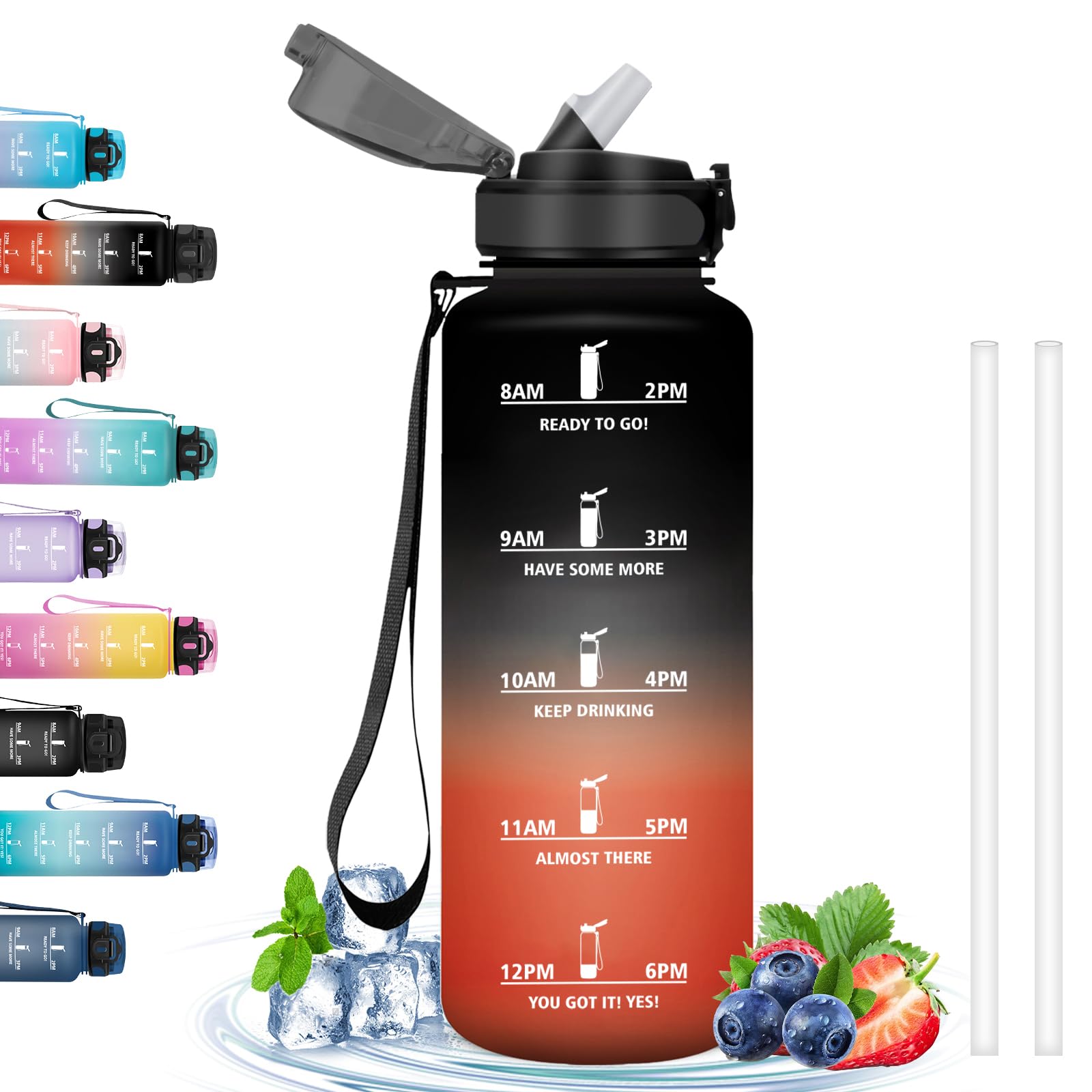 Grsta Black/Red Water Bottle With Straw, Water Bottle 1.5 Litres, Hiking Water Bottle With Time Marking, Can Carry With You, Adult Water Bottle With Straw For Fitness, Camping, Outdoor