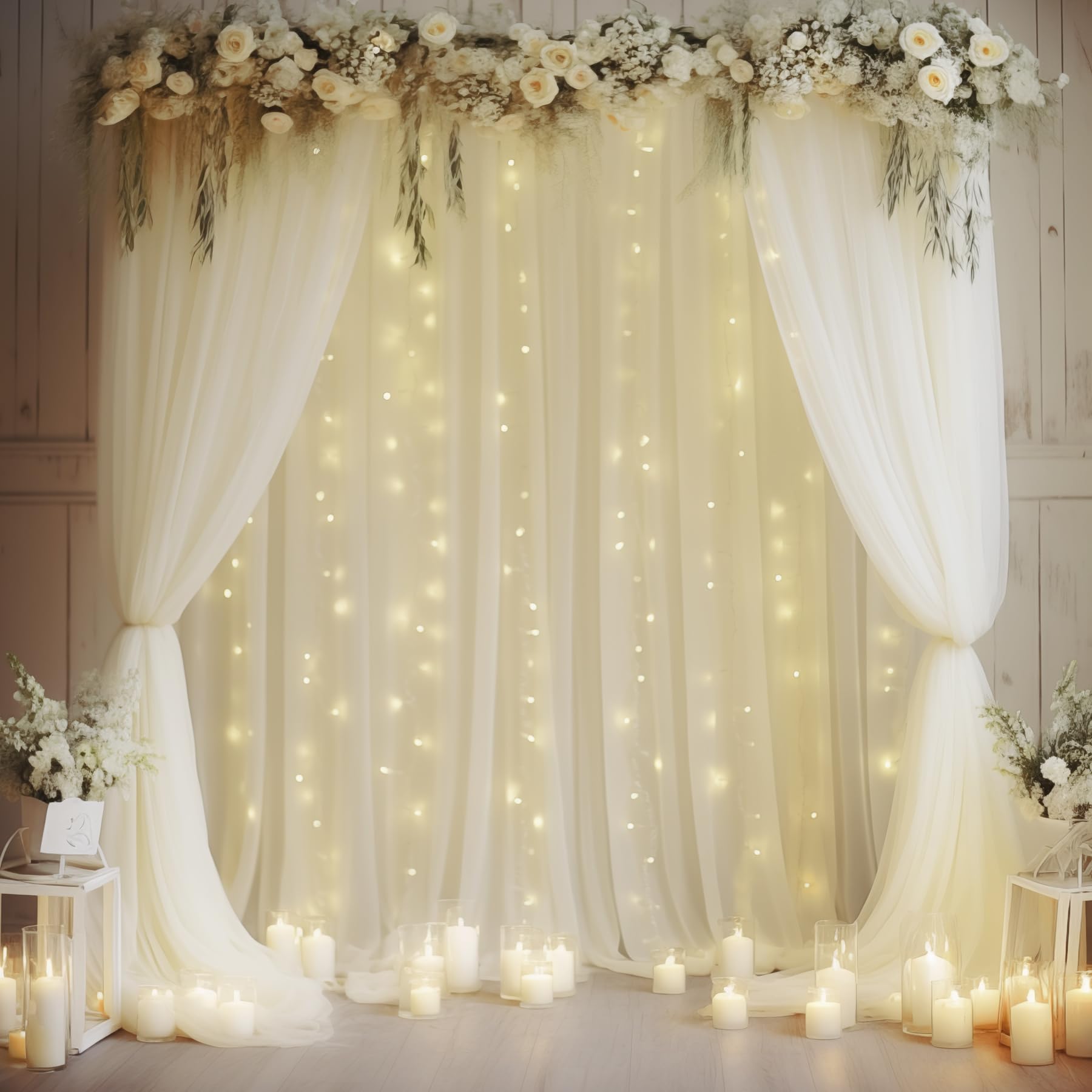 Vorhang, Tüll, mit Lichterkette, durchsichtig, für Hochzeiten, Partys, Heimdekorationen, 6 x 3 m, cremeweiß