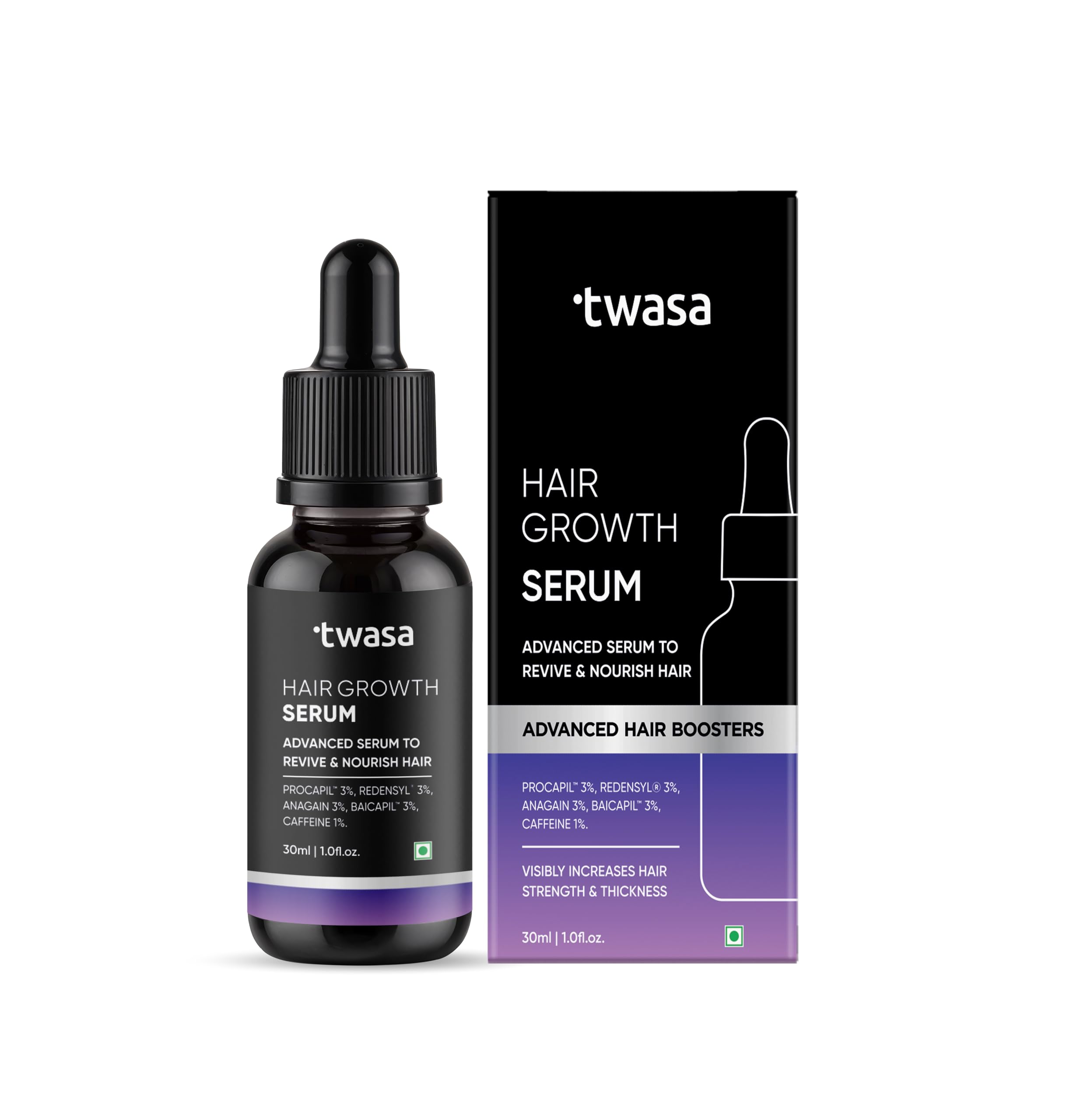 twasa advanced hair growth serum 30ml | 3% redensyl + 3% anagain + 3% procapil + 3% baicapil + 1% caffeine + biotin | hair growth serum for hair fall control, hair regrowth & thicker hair | for men & women