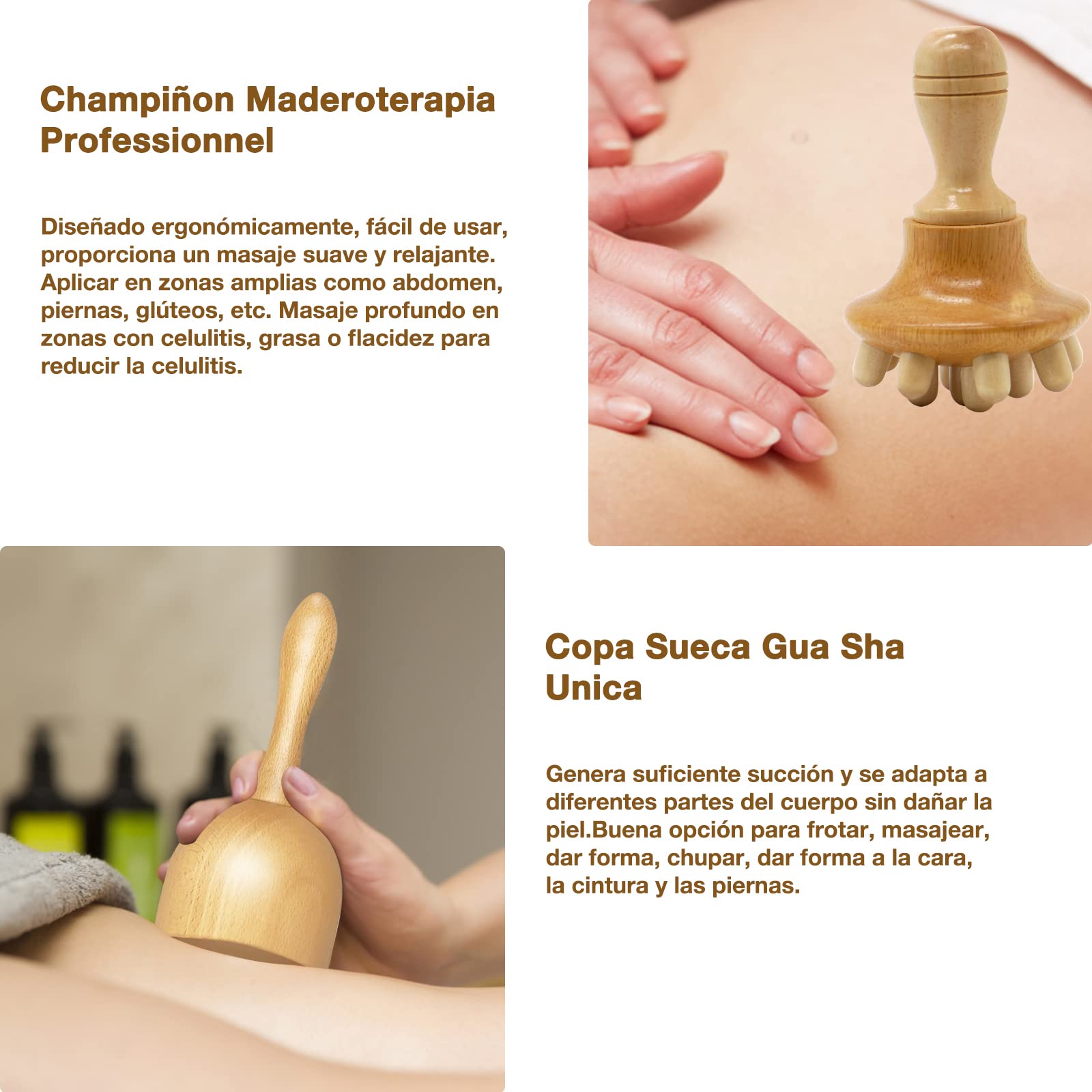 Kit Maderoterapia Corporal 6PCS, Masajeador Anticelulitico Piernas,Gluteos | Ecofriendly Madera, Rodillo Masaje, Ventosa Celulitis, Drenaje Linfático, Alivio del Cuerpo Dolor, Relajación Músculo