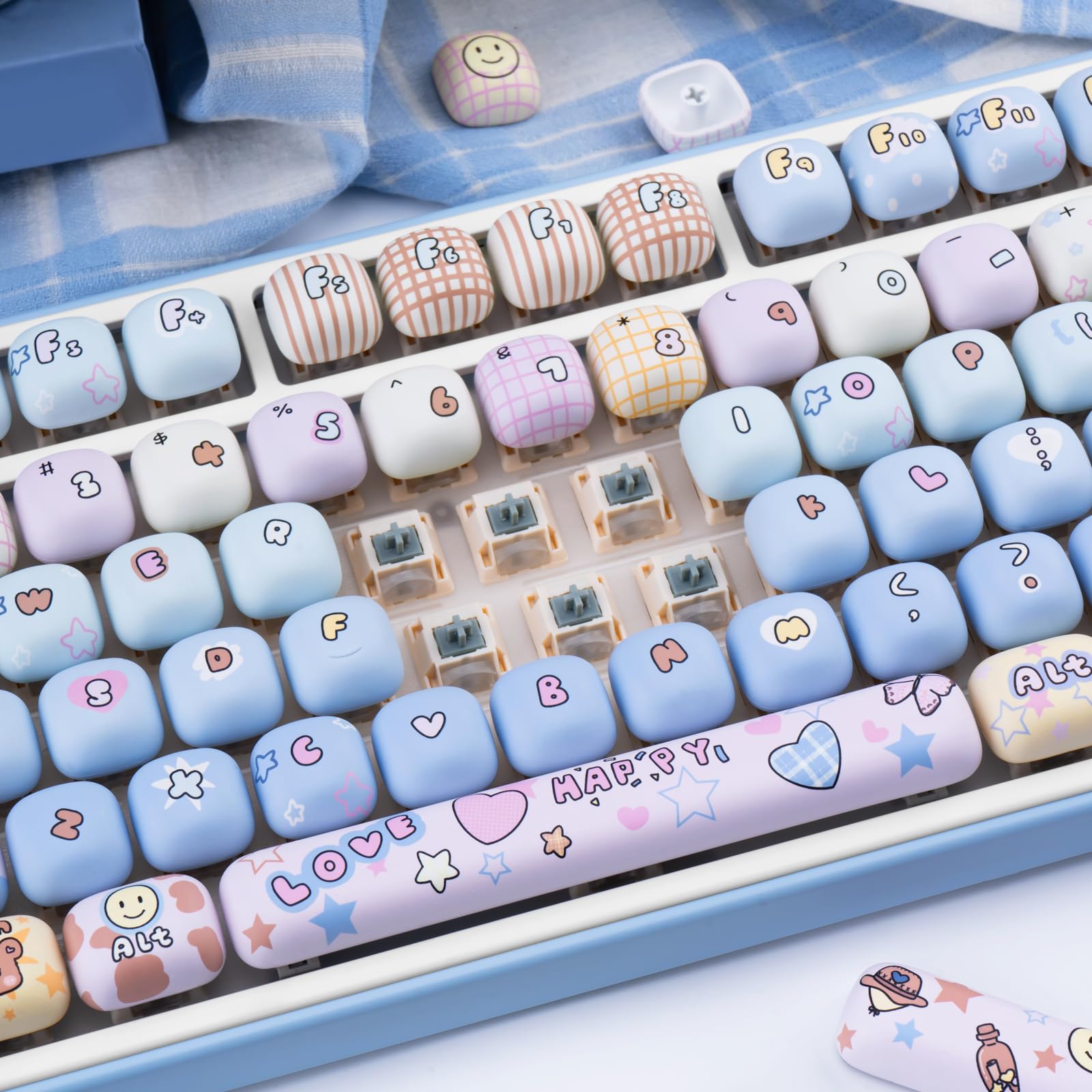 Lot de 136 touches PBT mignonnes par sublimation par sublimation Kawaii, bleu, rose, profil MOG, touches personnalisées pour claviers mécaniques Cherry Gateron MX Swithes