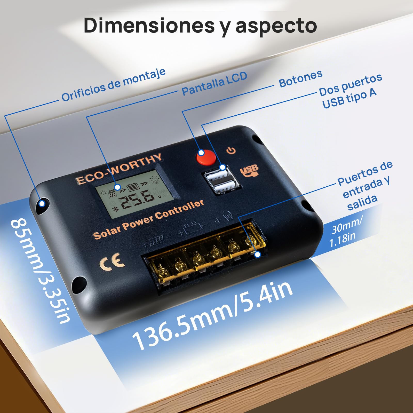 ECO-WORTHY Regulador de Carga Solar 30A Controlador inteligente para paneles solares y baterías con 2 puertos USB 12/24 V PWM Apto para bateria lifepo4, plomo-ácido y gel