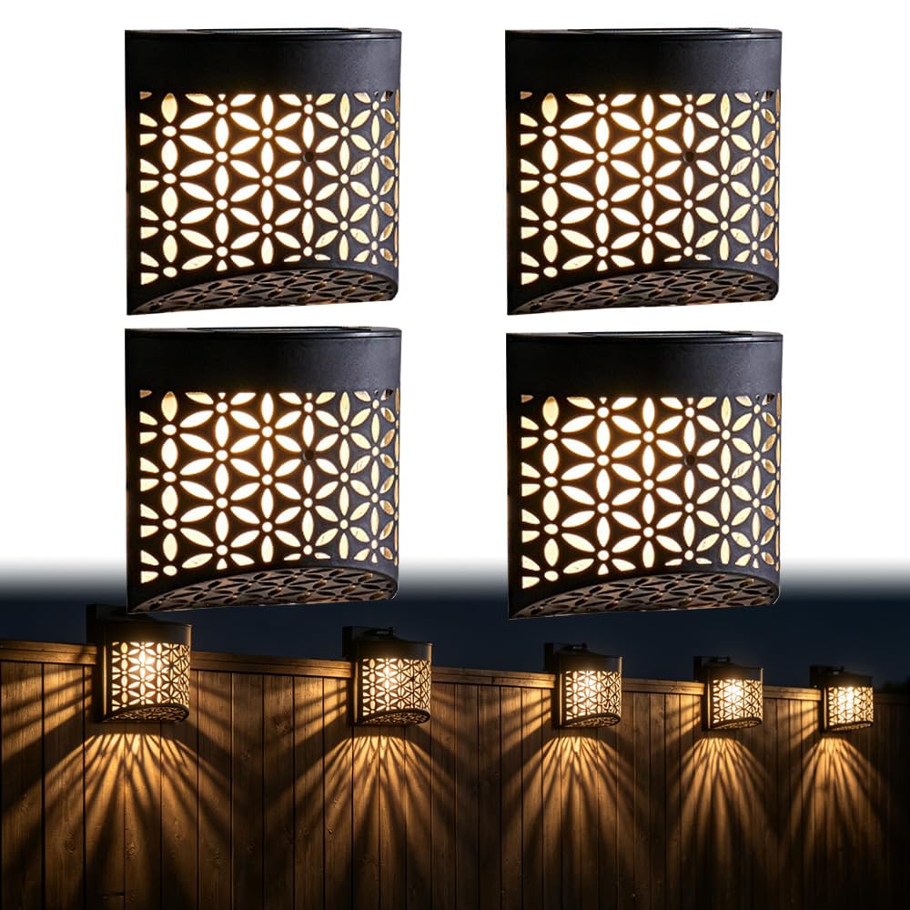 WRQIOO Moroccan Solar Fence Lights, 4 Pack Solar Fence Lights Outdoor Garden, Sola-r LED Marco Wall and Fen-ce Light with IP44 Waterproof & Warm White for Garden, Patio, Wall (11 * 11 * 5.5cm)