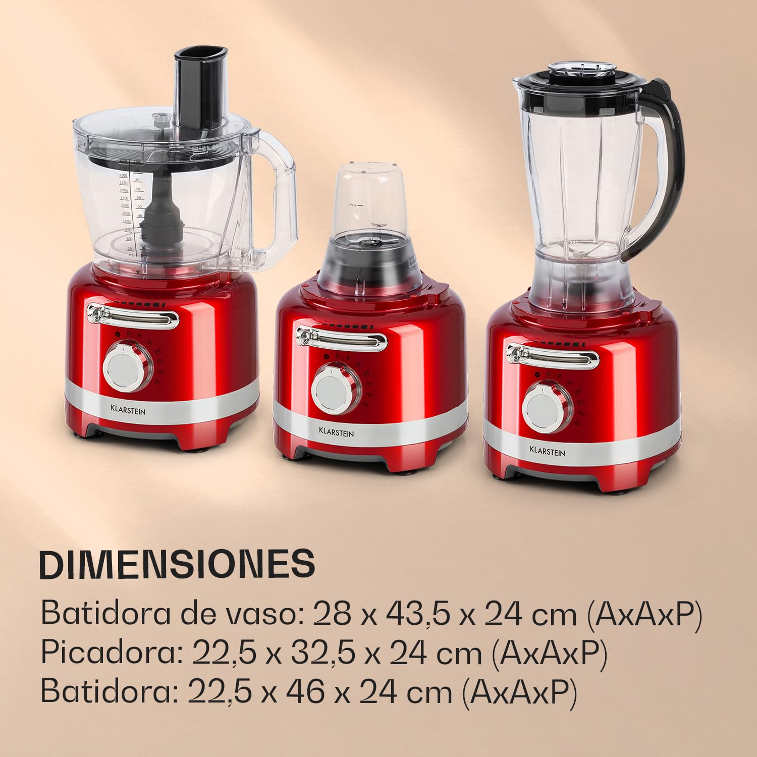 Klarstein Luca Batidora multifunción, Picadora, Rallador, Exprimidor, Food Processor, 1000 vatios, regulación continua, 6 modos, sin BPA, 3 litros, vaso medidor 3 l, espátula, Rojo