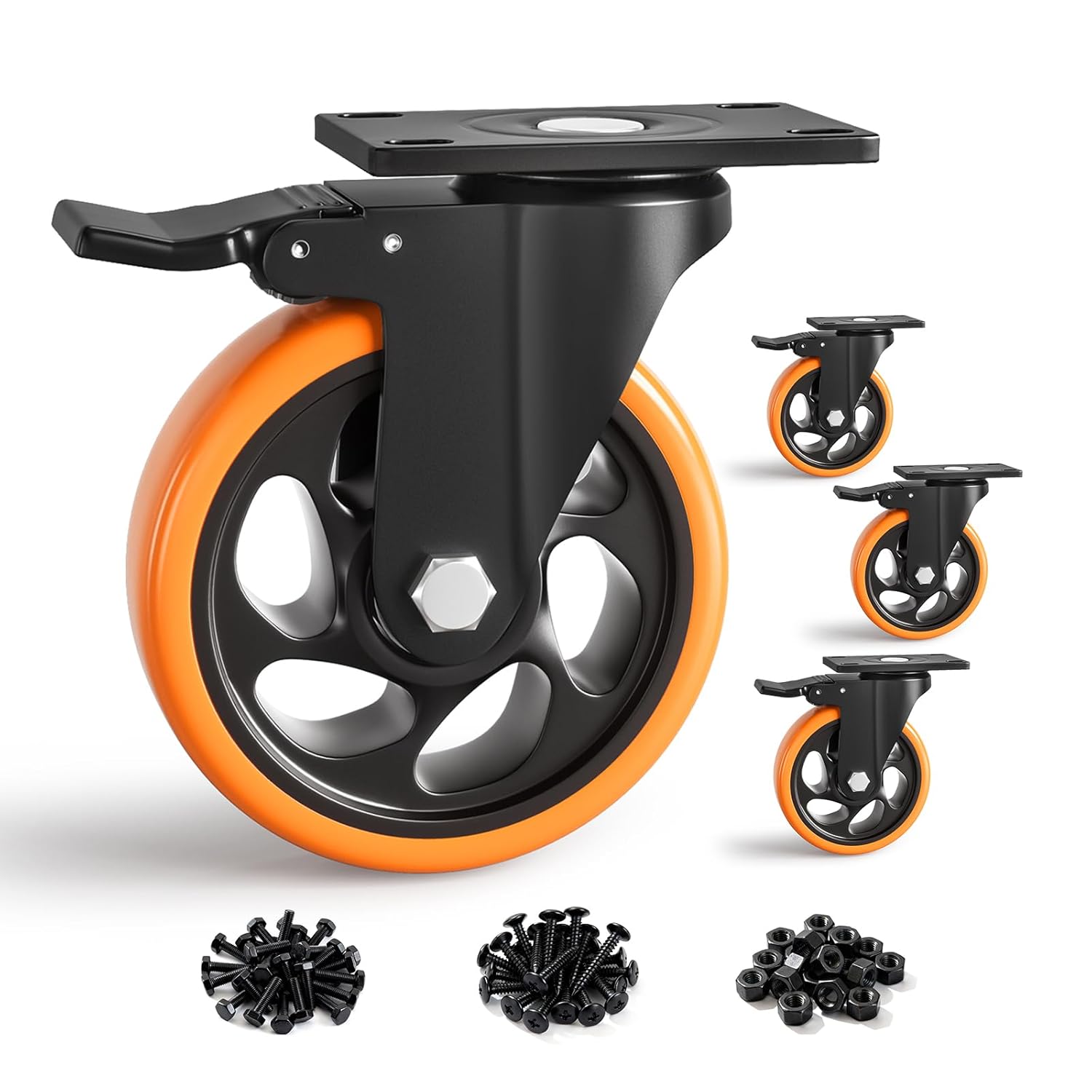 5 Inch Heavy Duty Caster Wheels, Industrial Casters Set of 4 Load 2000lbs with Brakes, Swivel Plate Locking Castors, Roller Wheels for Furniture and Workbench Cabinet Table (Orange)