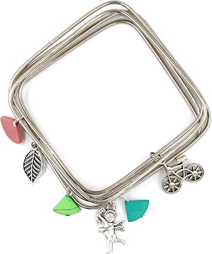 GURJARI JEWELLERS Silver Plated Plain SQUARE shape Bangles with Colurfull Turquoise beads and Oxidised charms Set