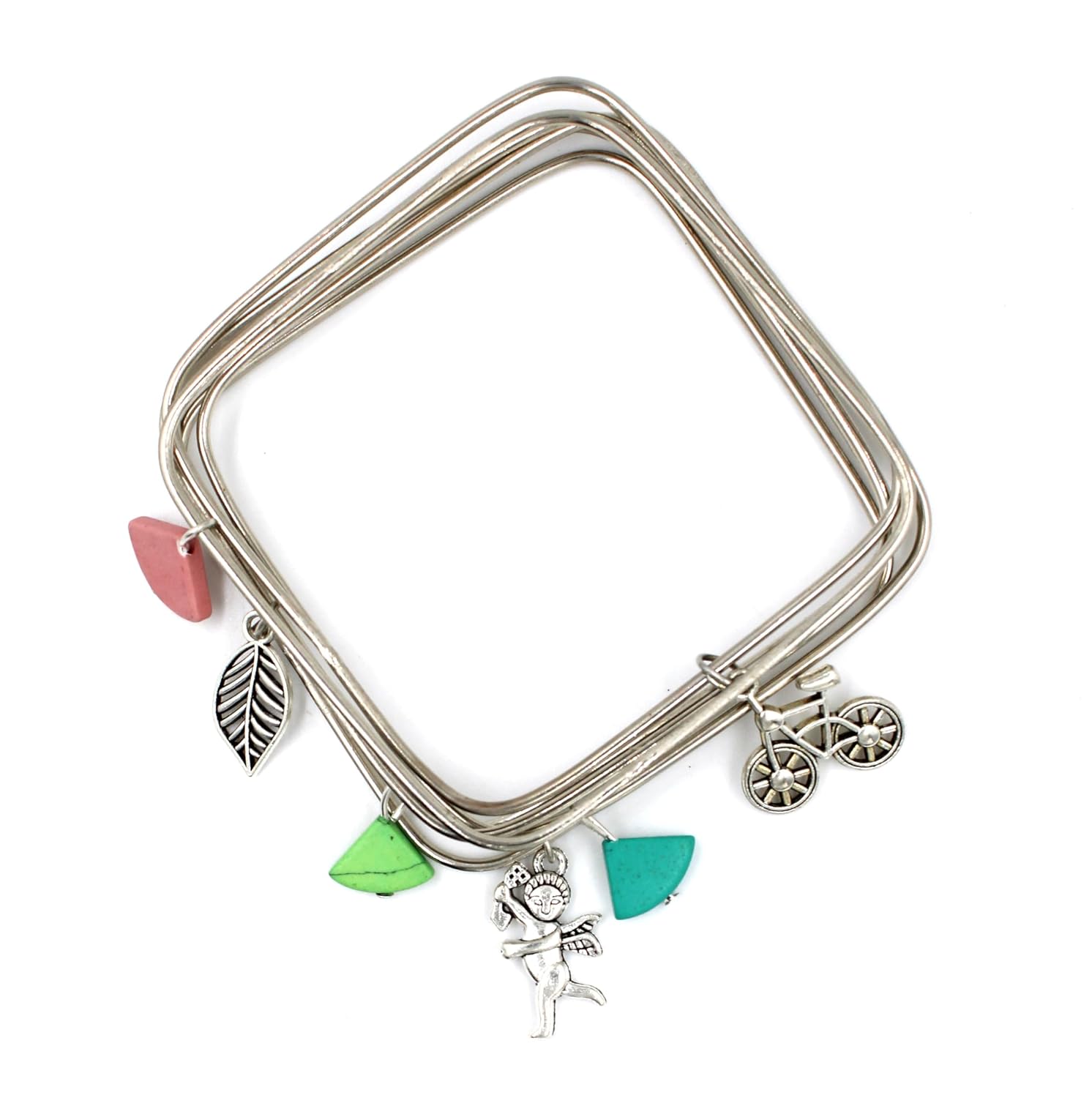 GURJARI JEWELLERS Silver Plated Plain SQUARE shape Bangles with Colurfull Turquoise beads and Oxidised charms Set