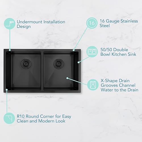 Vista 3 de Fregadero de cocina negro de montaje inferior de 27 x 16 pulgadas, fregadero de cocina de doble tazón 50/50, fregadero de acero inoxidable