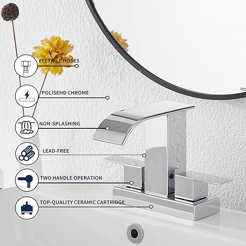 Miniatura 5 de GGStudy Grifo de baño cromado moderno con 2 asas de 4 pulgadas, juego central de cascada para caravana, grifo de tocador de baño con montaje de