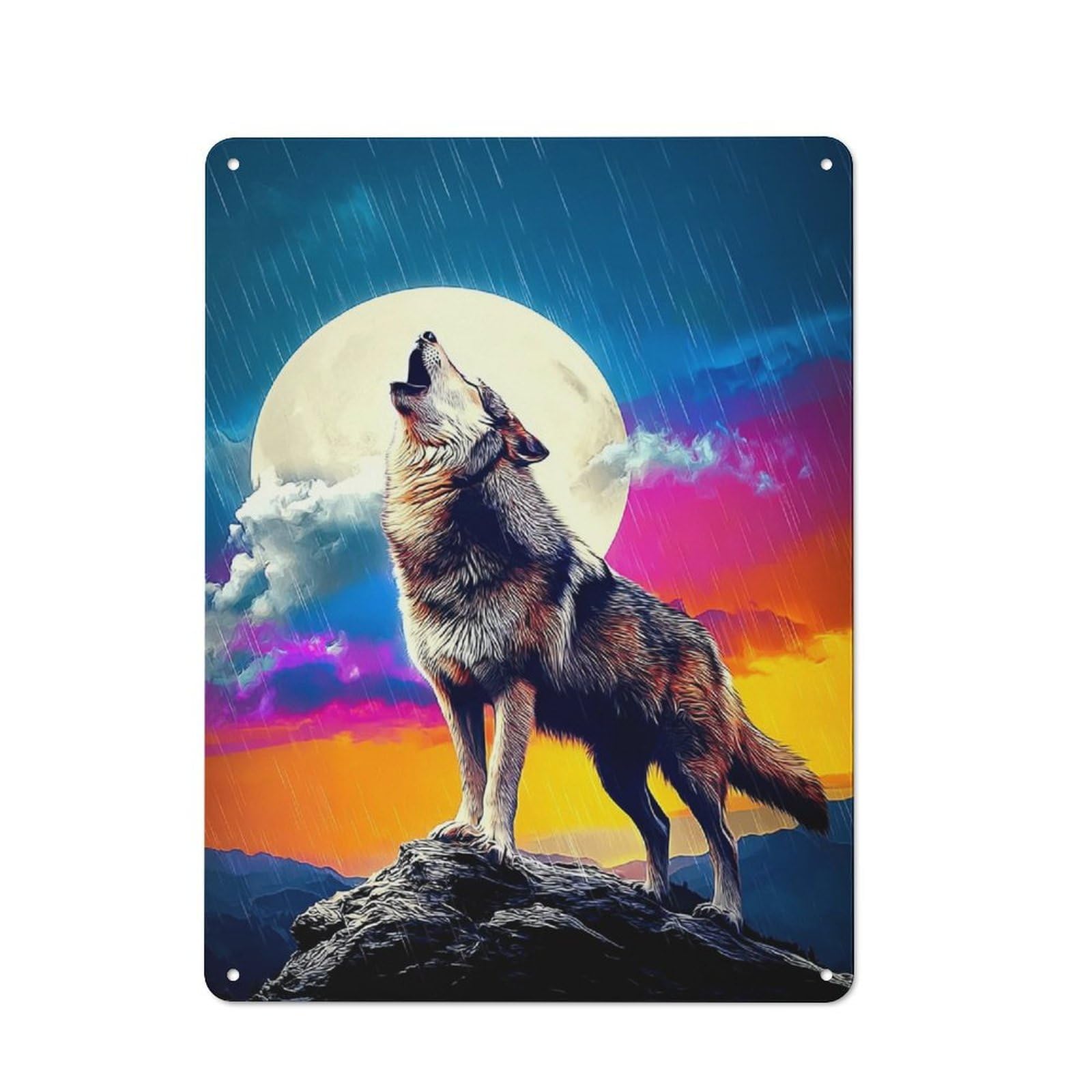 Howling Wolf Under Full Moon Cottage Metal Wall Decor 40x30cm, Shed Metal Sign for Conservatory, Home Bar Or Utility Room