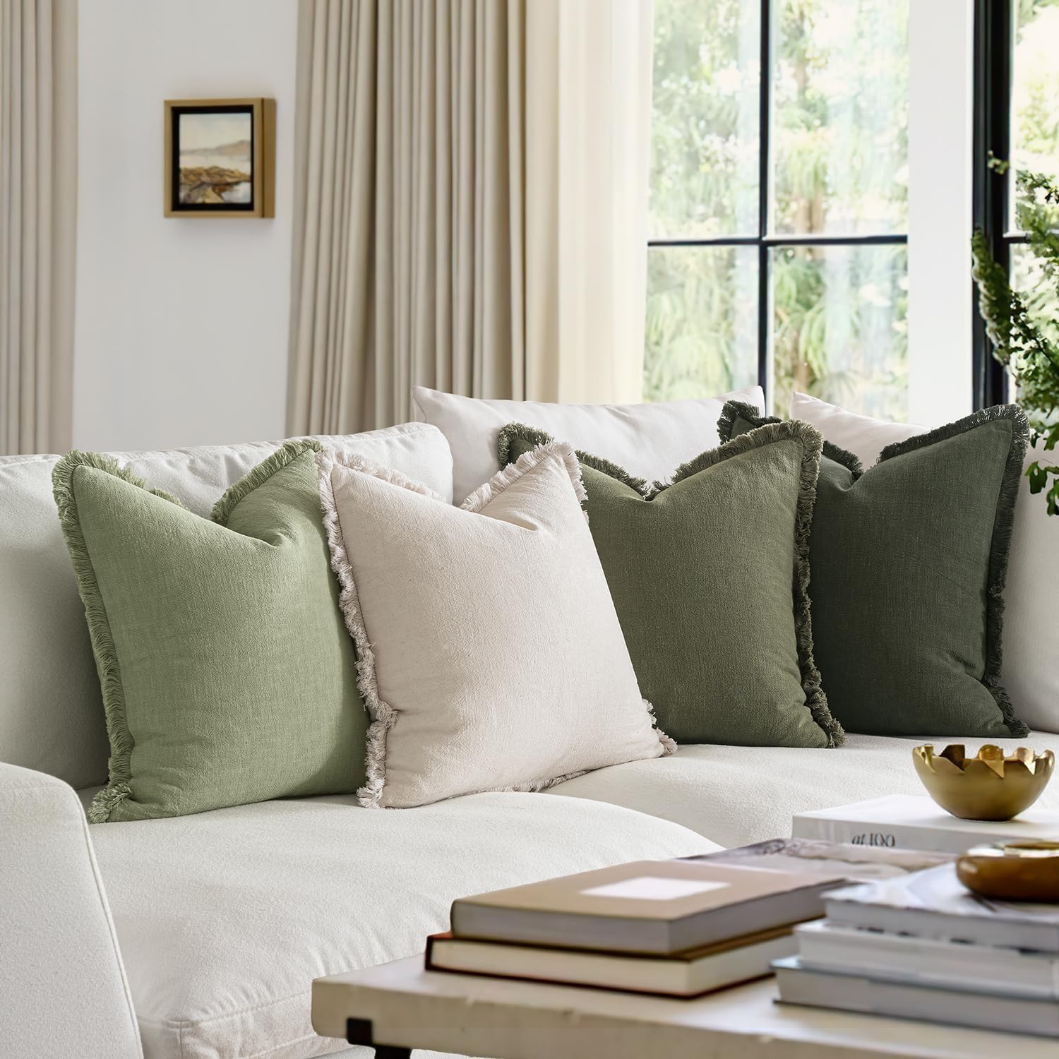 MIULEE Decorative Couch Pillow Covers Neutral Linen Fringe Throw Pillows Set of 4 Boho Farmhouse Accent Cushions for Bed Sofa Living Room Spring Home Decor 18x18 Inch Beige/Sage Green - Image 3