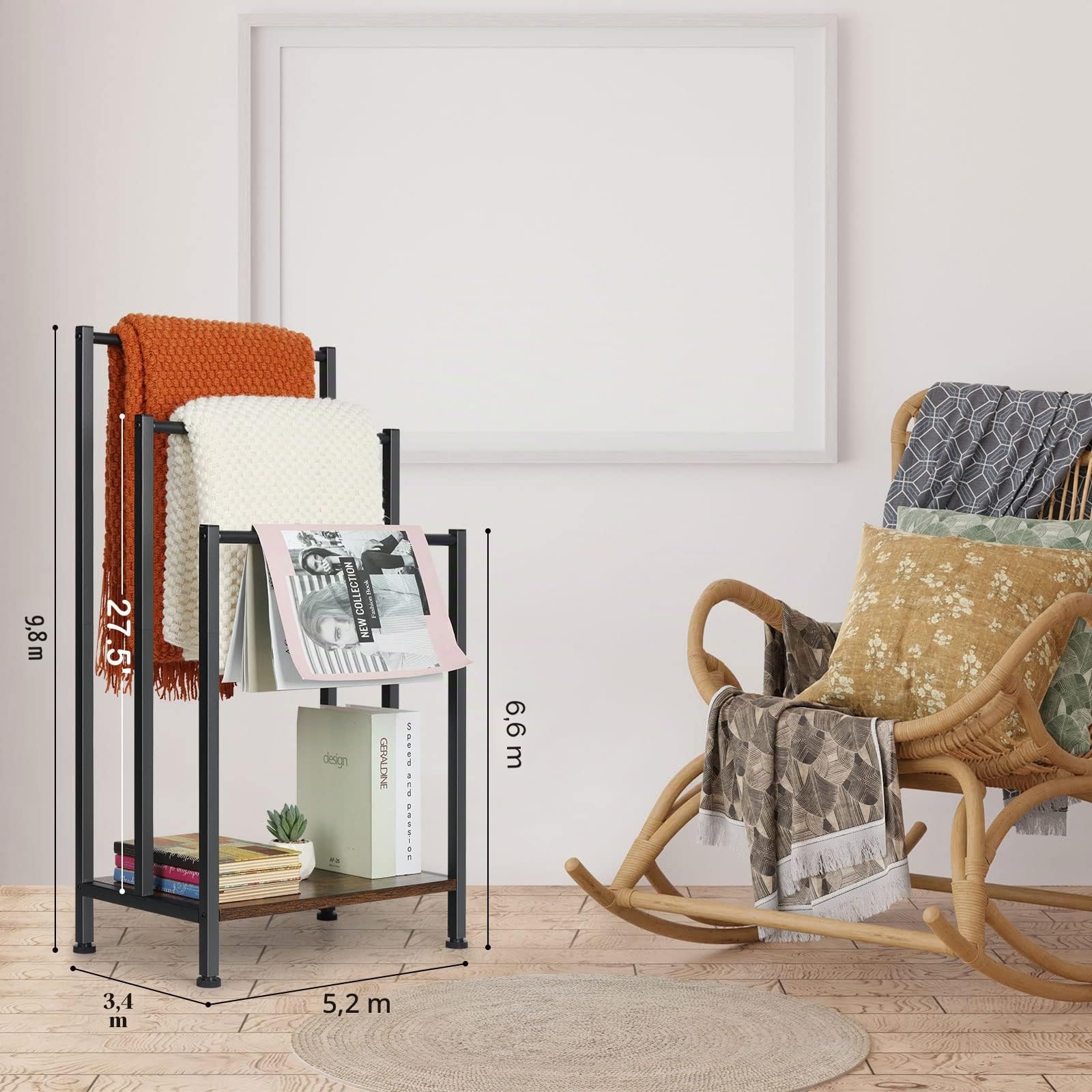 Portasciugamani Indipendente, Supporto per Coperta a 3 Livelli con Ripiano in Legno Marrone Rustico, Portasciugamani Industriale e Portabottiglie con Piedini Antiscivolo per Soggiorno, Bagno