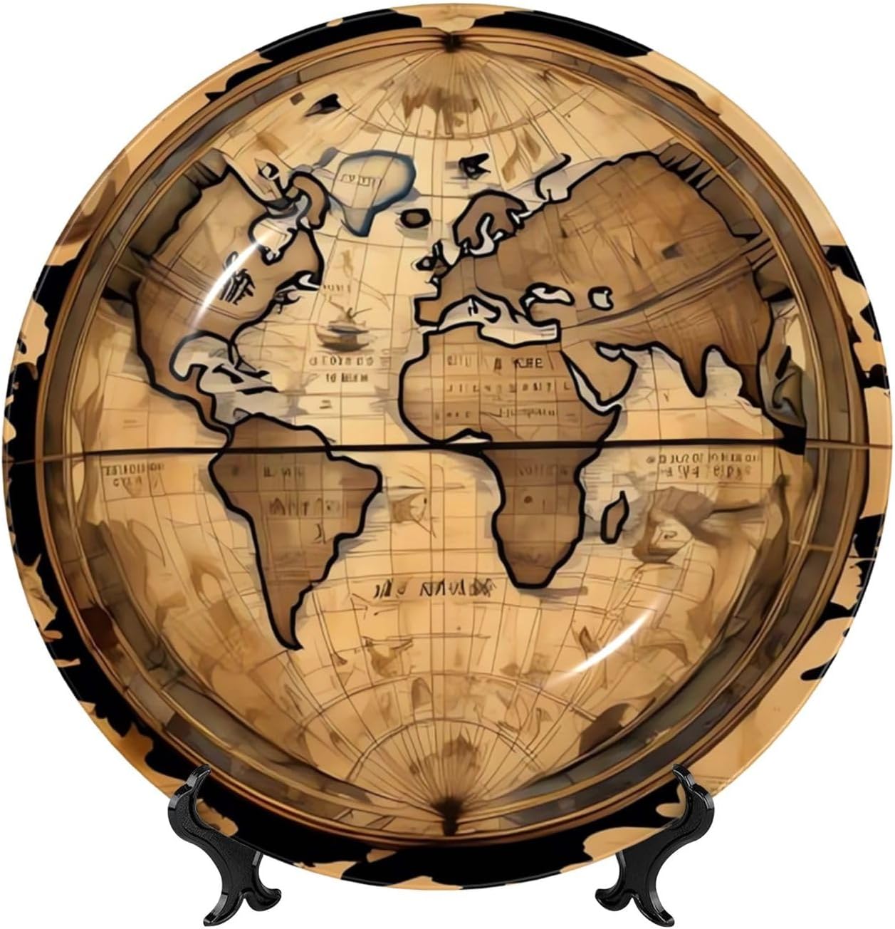 10in Bone China Decorative Plate, Ancient Map World Globe Ceramic Dinner Plates with Display Stand, Ceramic Ornaments Art Porcelain Plate for Home Office Wall Decor Collections Plates