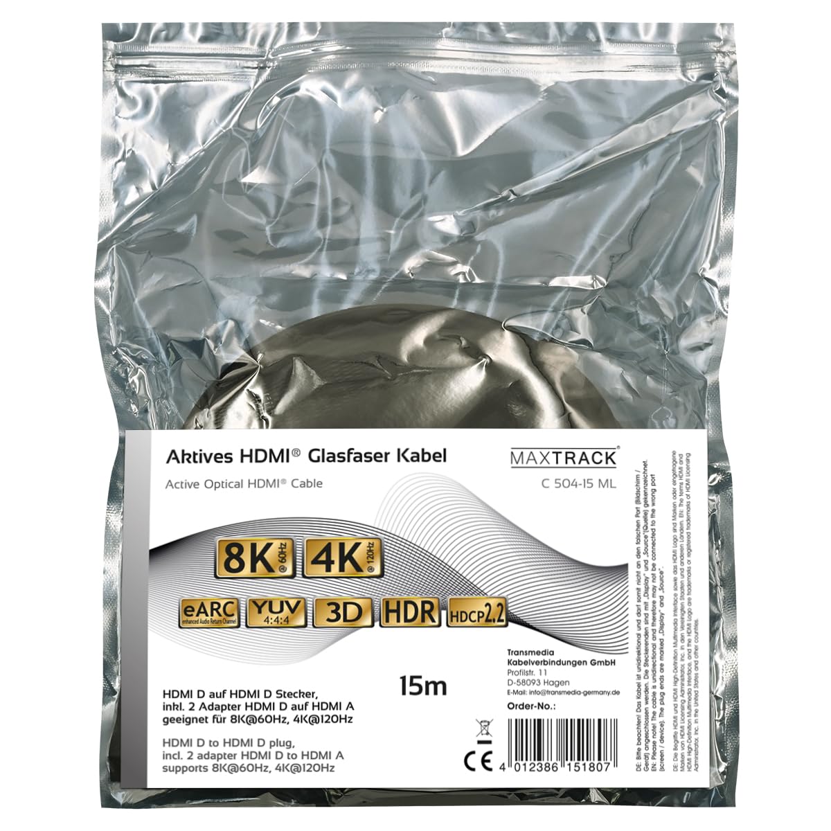 MAXTRACK Aktives HDMI Glasfaser Kabel – C504-15ML, HDMI 2.1, 8K@60Hz, 4K@120Hz, eARC, 3D, Ultraflexibel bei Ø 4,8mm, vergoldete Metallstecker, HDMI D auf HDMI D inklusive 2 Adapter HDMI D auf HDMI A