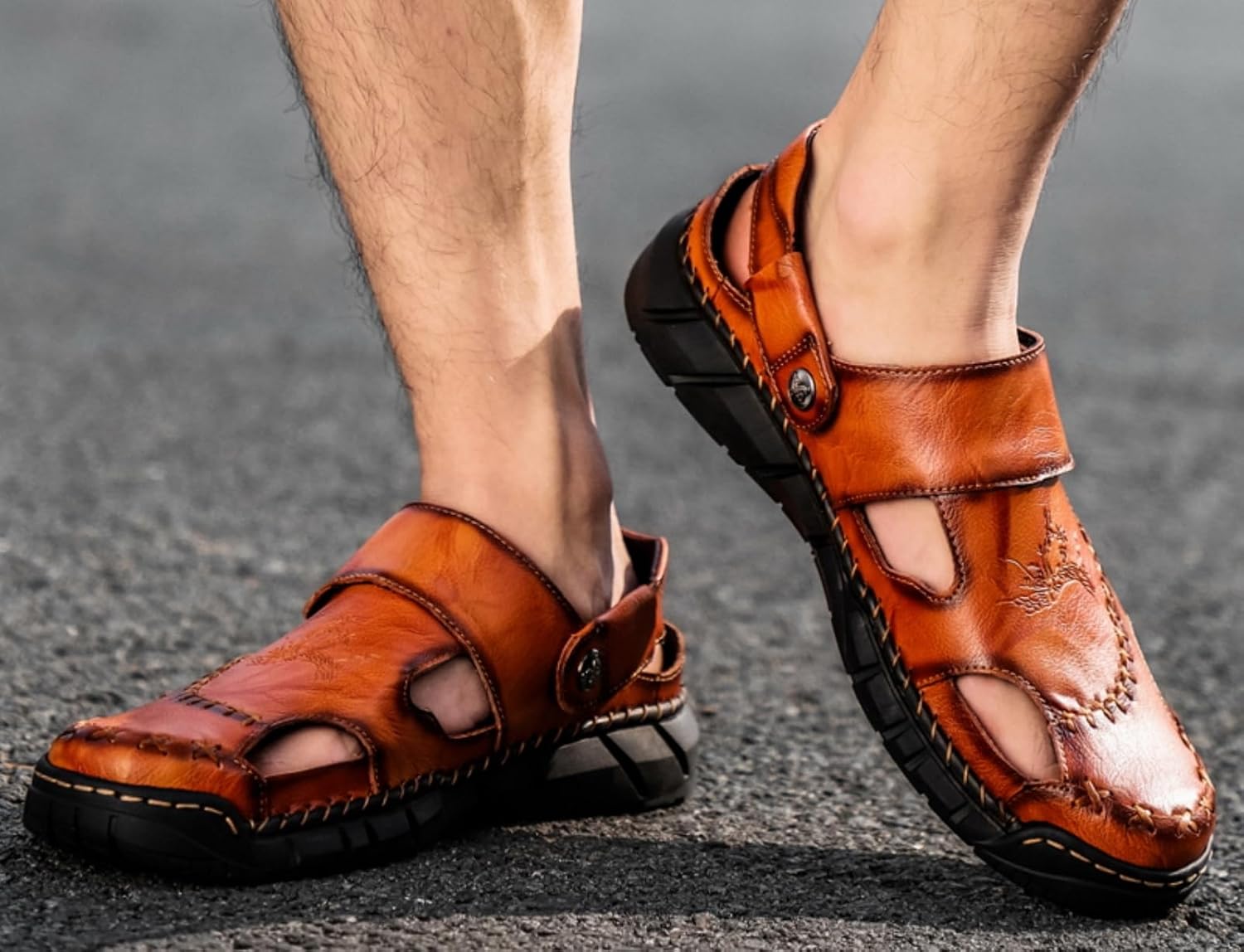 CHICLOVEY Leather Fisherman Sandals Men Closed Toe Anti-Slip Beach Outdoor Shoes Brown 12