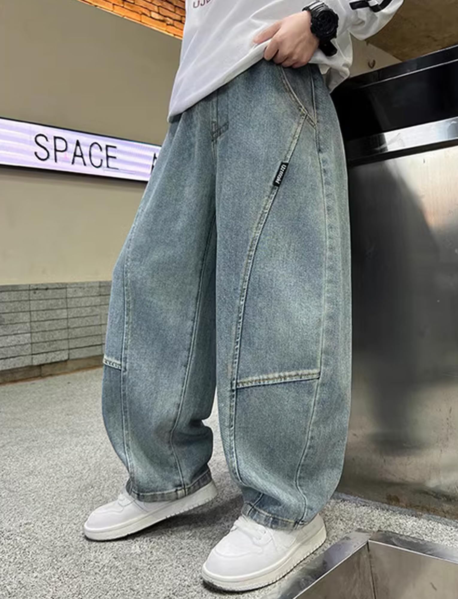Jeans Baggy Garçons Enfants Pantalon en Denim à Coupe Droite Pantalon en Jean Taille Élastique Jeans Coupe Droit 5-14 Ans