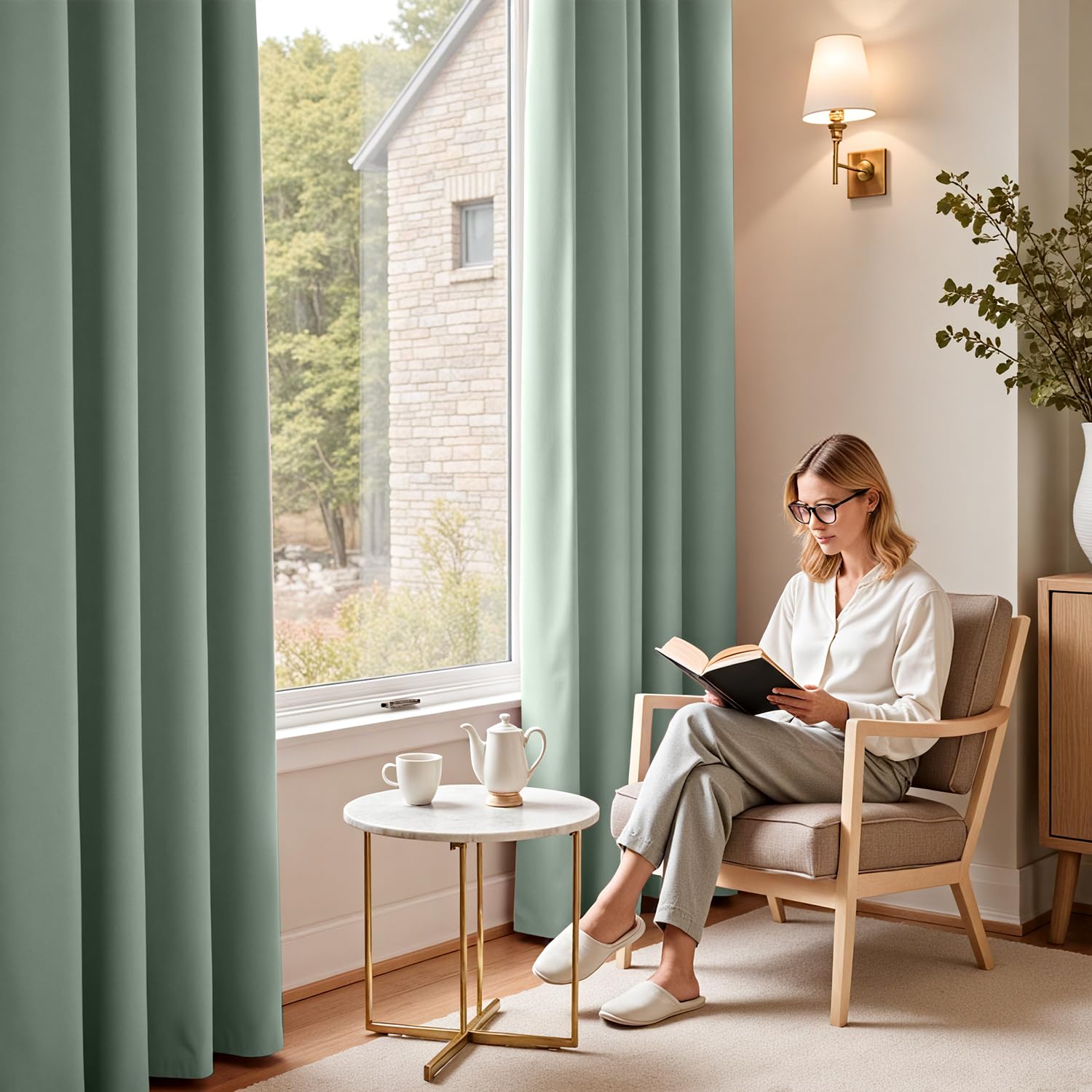 Vangao Rideau Occultant Galon Fronceur Salon Fenetre Chambre Balcon Rideaux Thermiques 140L x 175H cm Lot de 2 Opaque Moderne Interieur pour Rail Decoration Anti-Bruit et UV, Vert Sauge