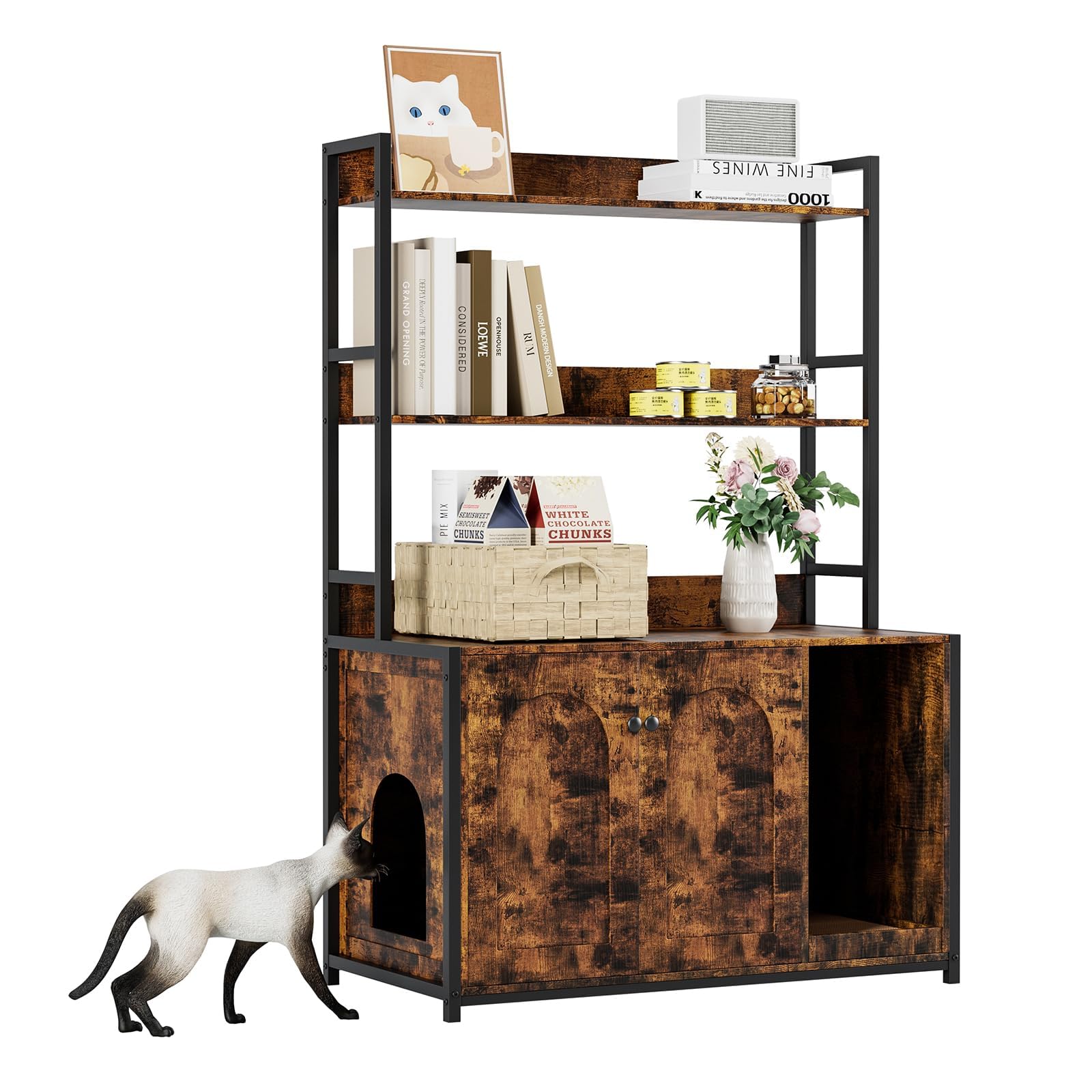 Aptliton Cat Litter Box Enclosure Hidden Litter Box Furniture Cats Washroom Furniture with 2-Tier Storage Shelves Wooden Pet House Bookshelf End Table, 90x45x132Cm