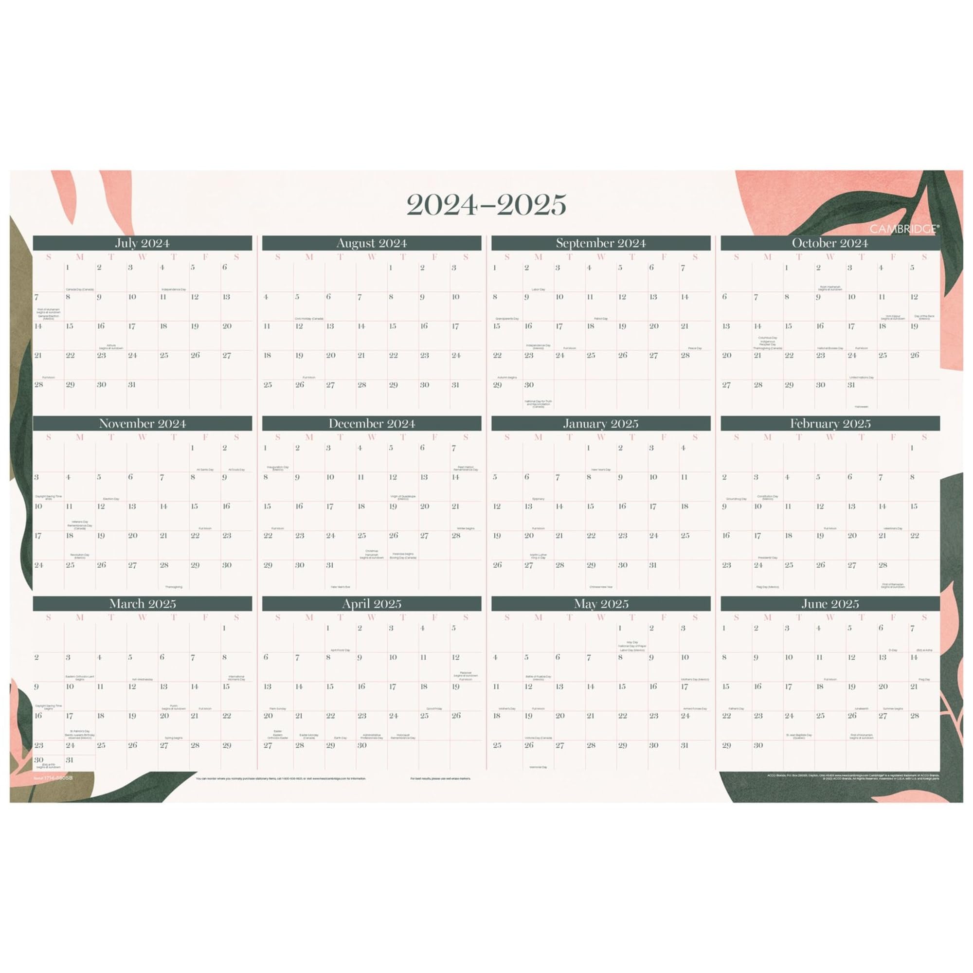 Amazon.com: 2024-2025 Cambridge® Haven Reversible Academic Year/Regular Year Erasable Wall Calendar, 24
