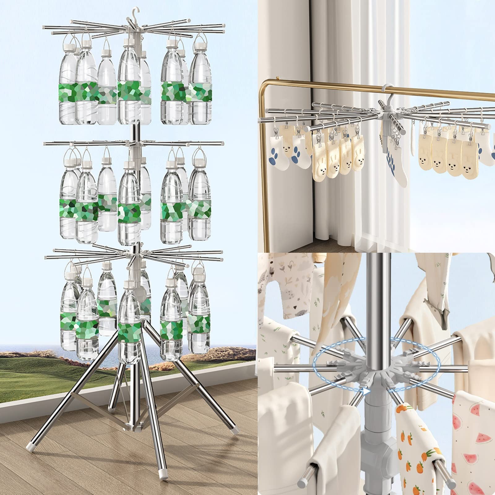 FAXIOAWA Tendedero Plegable para Ropa, de Acero Inoxidable, para Ropa, Toallas, Productos para bebés, Altura Ajustable, Suelo Plateado