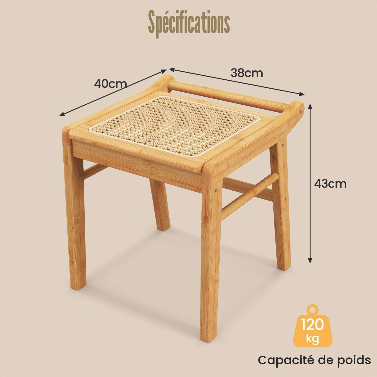 HOMASIS Tabouret de toilette de maquillage en bambou, banquette assise en bambou et rotin capacité de charge jusqu'à 120 kg, petite chaise cosmétique coiffeuse, salon, chambre à TF11088XKES