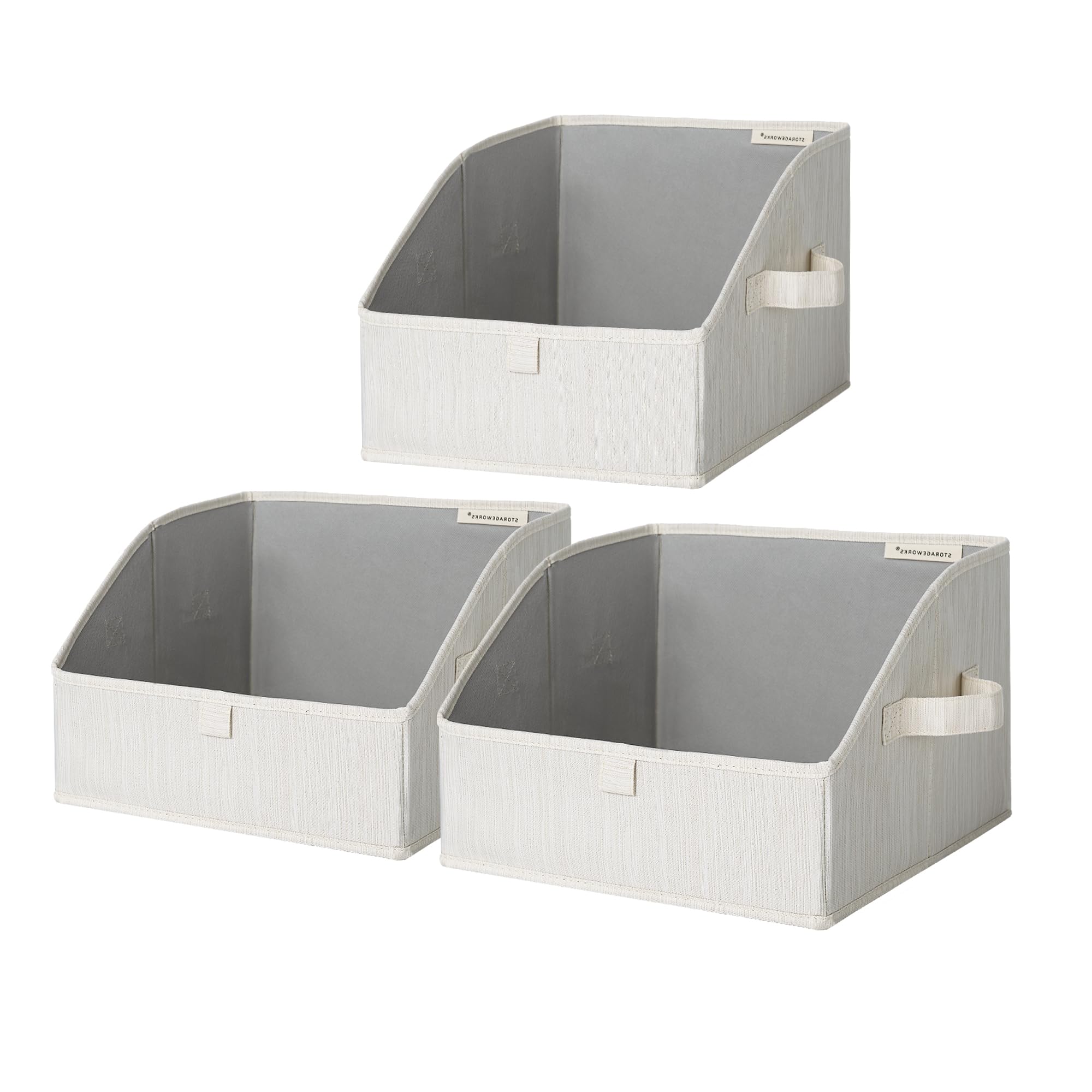 StorageWorks Closet Storage Bins, Trapezoid Organizer Box for Shelves, Fabric Clothes Bin, Foldable Organizing Baskets with Handles, Small, 3-Pack, Mixing of Beige, White & Ivory