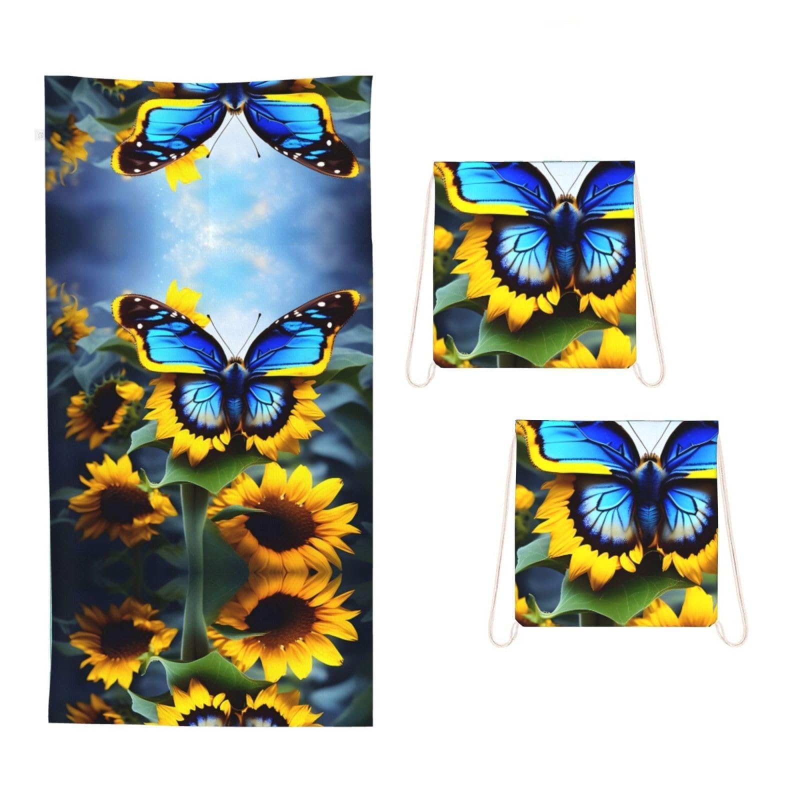 Sunflower Blue Butterfly 2 in 1 Packable Towel Bag-Large Beach Towel with Stuff Sack, Super Absorbent Microfiber Travel Towel for Pool