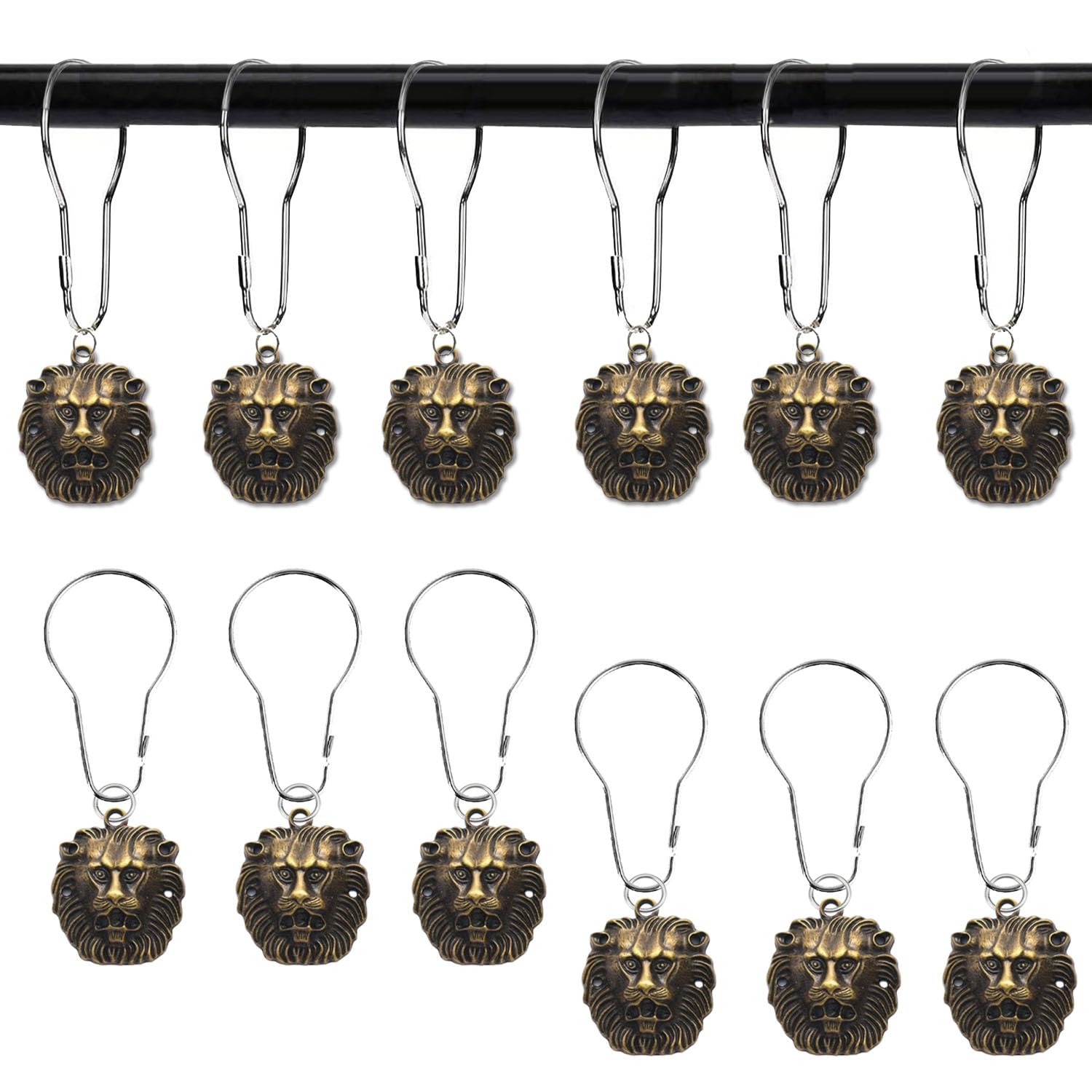 12 PCS Lion Shower Curtain Hook Animal Shower Curtain Hook Rust Proof Metal Stainless Steel Curtain Ring Nature Animal Vintage Theme Bathroom Decor for Bathroom Bedroom Living Room