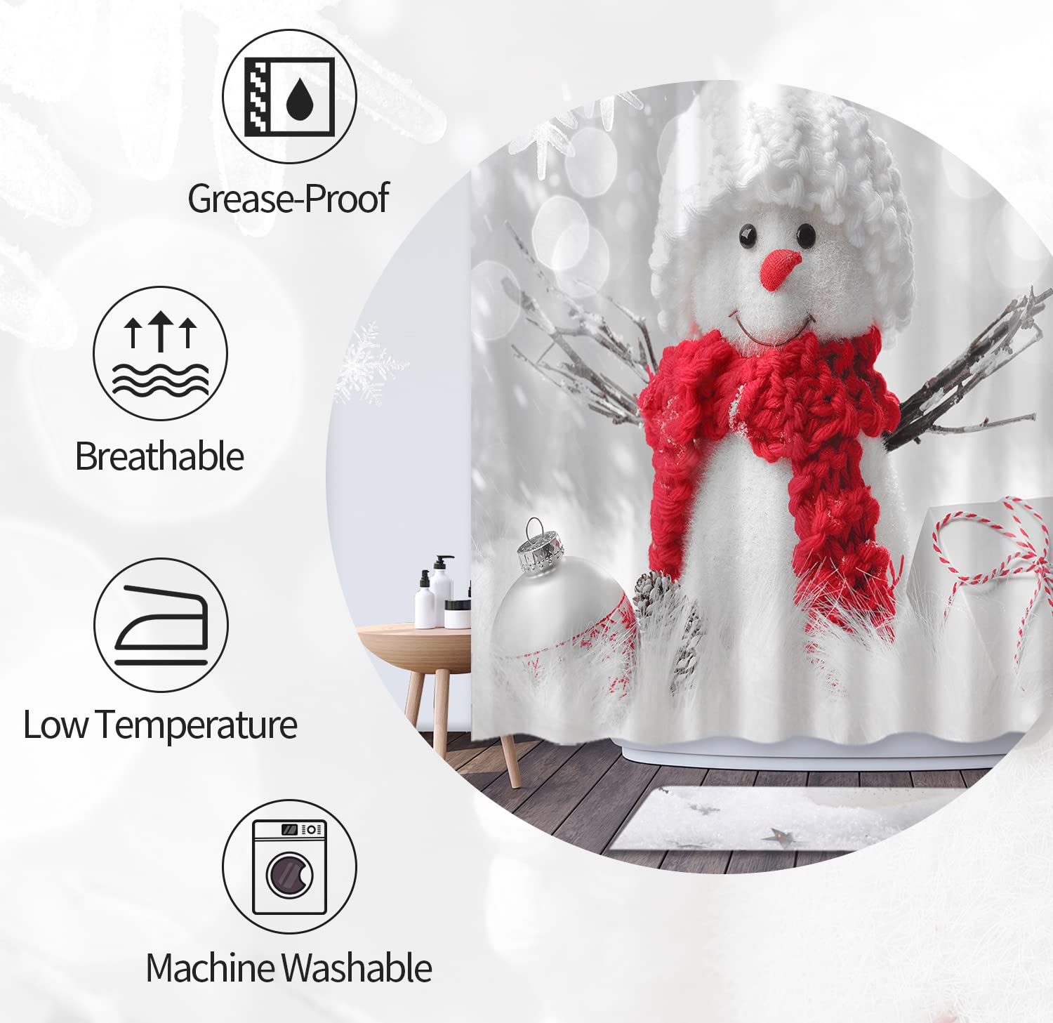 Bonhause Kerst Sneeuwpop Douchegordijn, Winter Kerstboom Grijze Sneeuwvlok Badkamer Gordijn 180 x 180 cm Waterdicht Schimmel- en roestbestendig Polyester Gordijn met 12 Haken