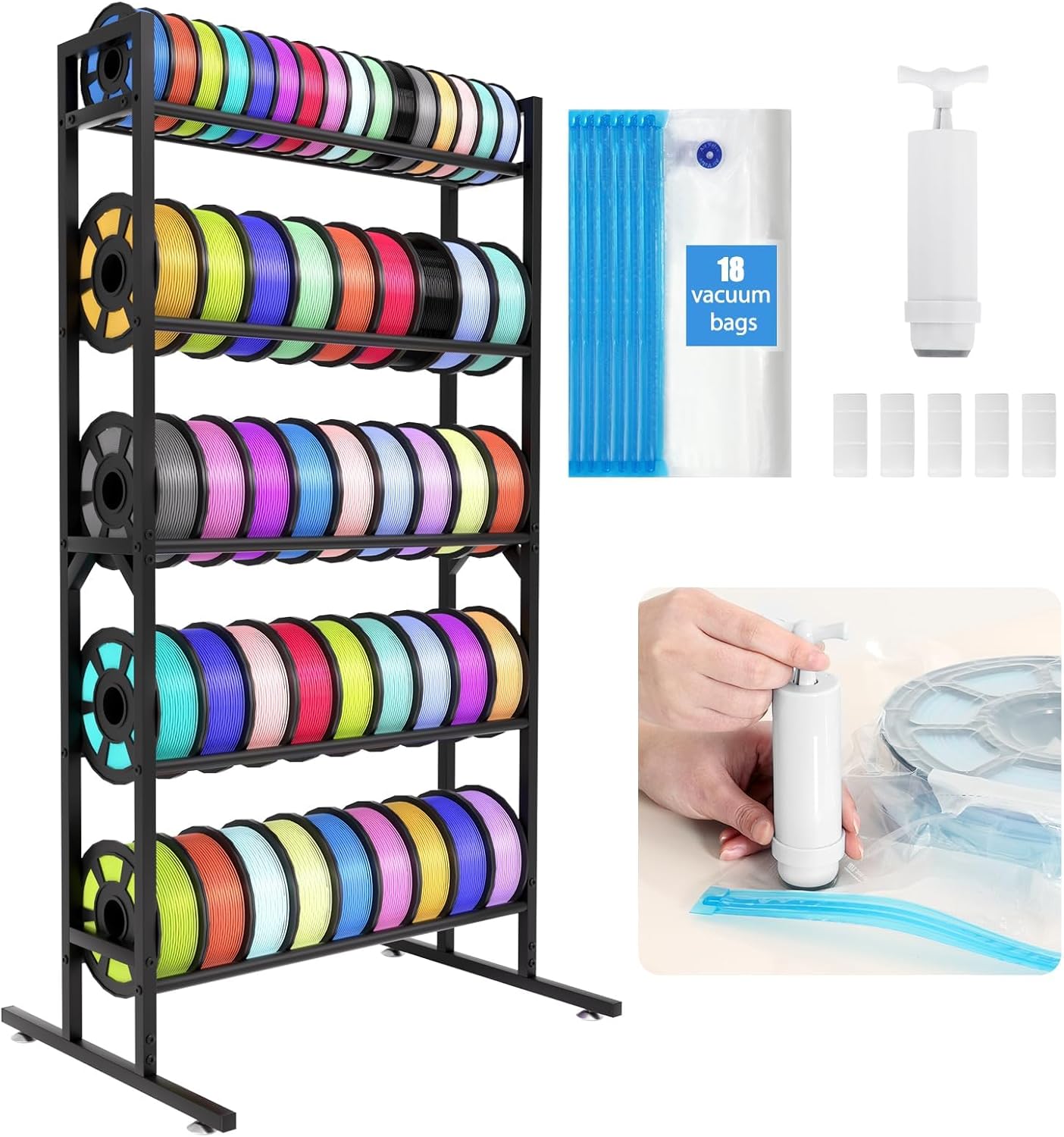 LUCKUP 3D Printer Filament Storage Rack Stand w/Vacuum Bags &Pump, 5-Tier Large Capacity Filament Organizer for PLA/ABS/TPU/Nylon, Heavy Duty Metal Filaments Spool Shelf for Studio, Office, Workshop