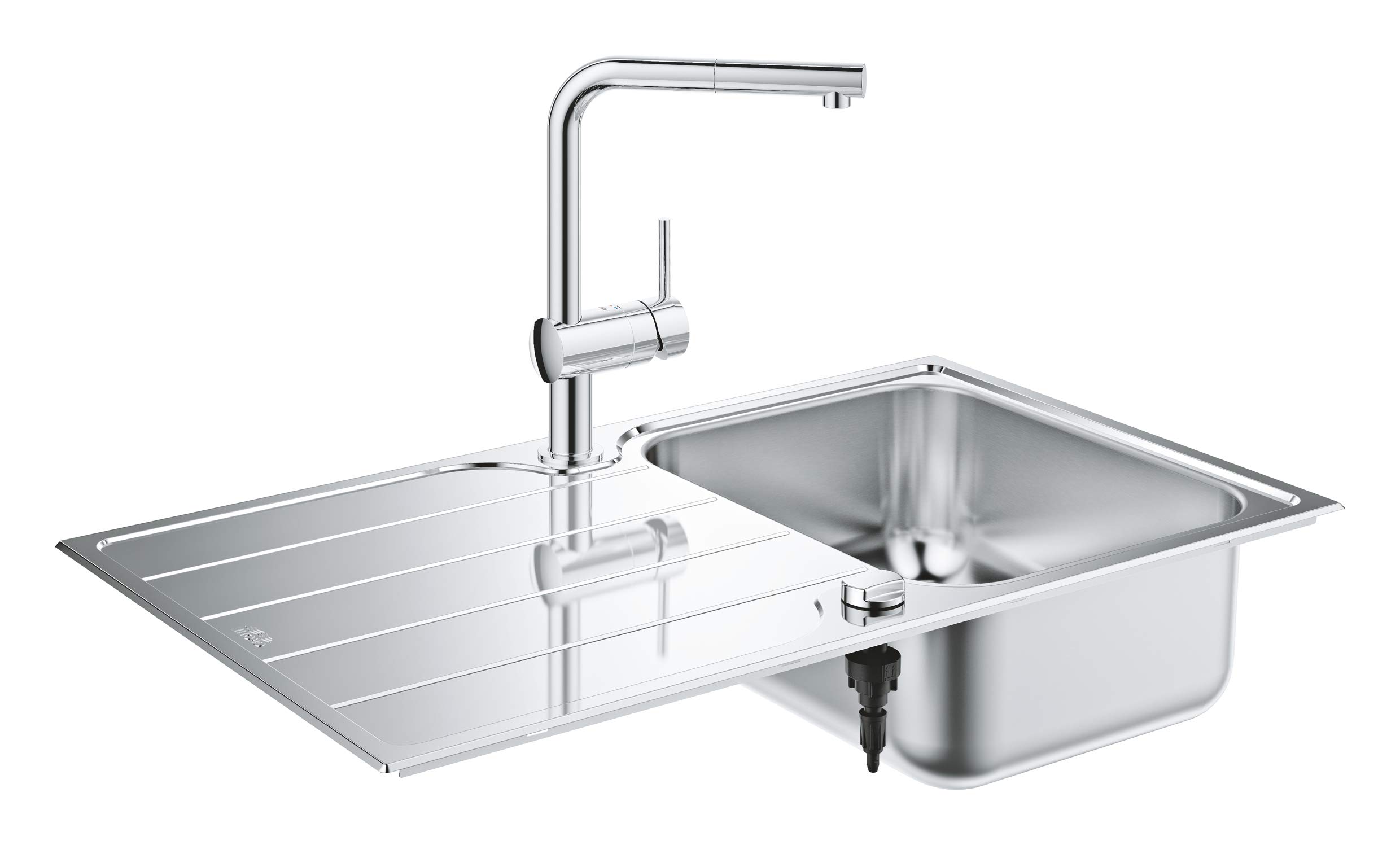 GROHE K500 | 1 cubeta |Conjunto de fregadero y grifo | con escurridor, sobre encimera, reversible | incluye: desagüe automático, sifón, cestillo y set de montaje | Acero inoxidable| 31573SD1