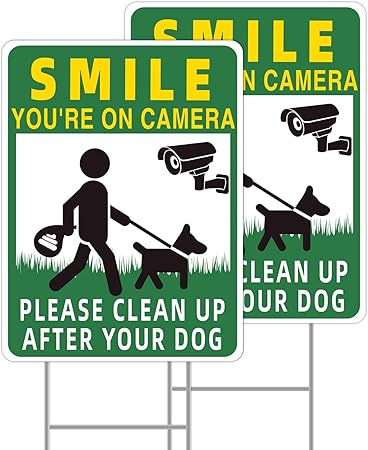 Clean UP After Your Dog Signs, 2-Pack 13"x10" Double-Sided H-Stake Metal Stakes Smile Your on Camera Signs, No Pooping Dog Signs for Yard, Pick Up After Your Dog Sign