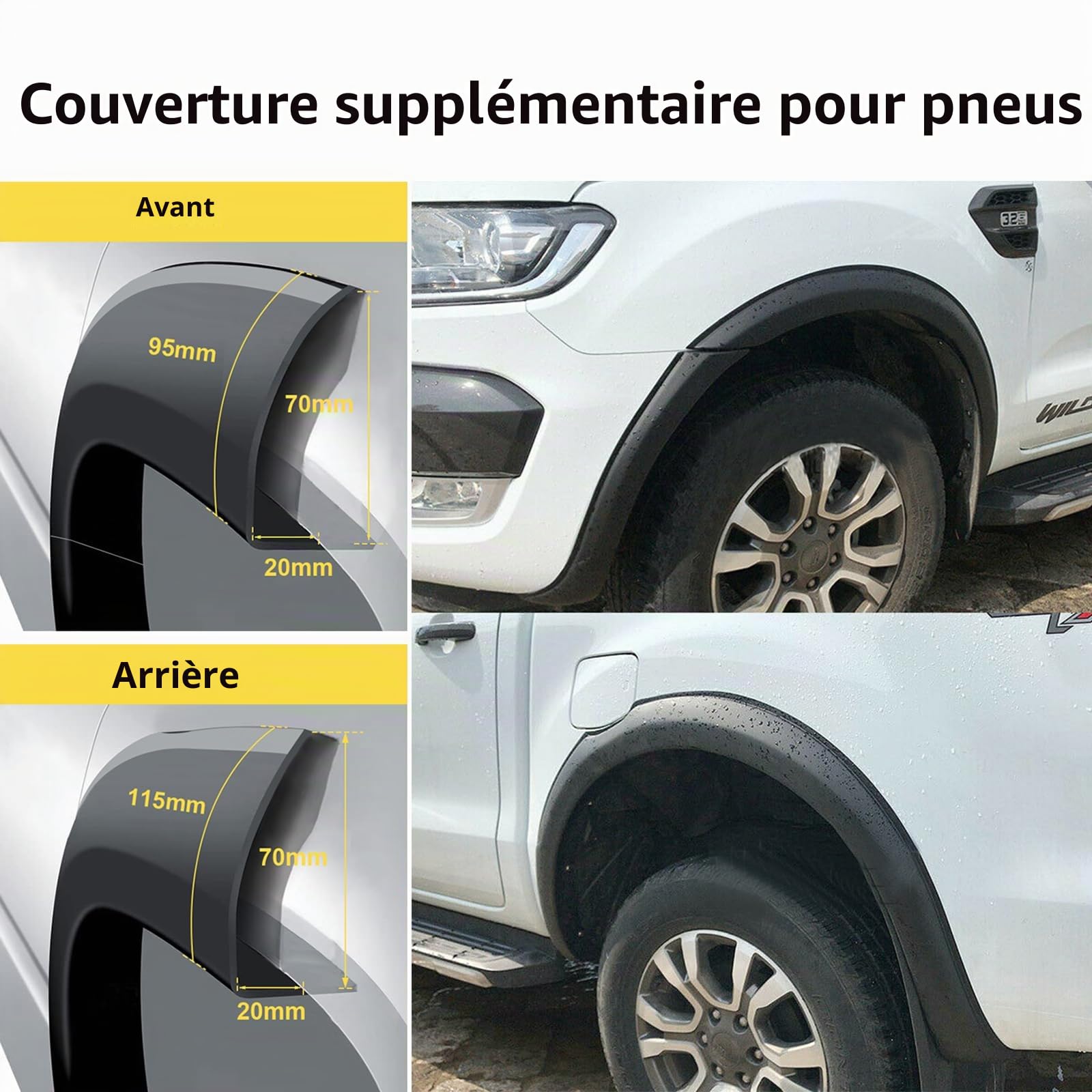 Élargisseurs d'ailes 20 mm pour Ford Ranger 2015-2018 XL XLT Tremor Limited Wildtrak Wildtrak X Platinum T7 Double cabine ABS Passage de roue Noir sans PDC 3 pouces