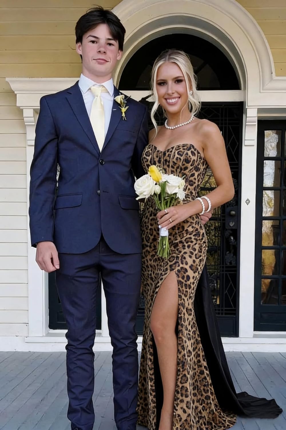 SNOWROSE Corset Leopard Print Prom Dresses 2026 Ball Gowns with Bow Mermaid Strapless Formal Evening Dresses with Slit