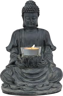 Ebros Eastern Enlightenment Meditating Buddha Shakyamuni On Lotus Throne Tea Light Votive Candle Holder Statue 8.75"Tall Tibetan Buddhism Amitabha Figurine Candleholder Zen Home Aromatherapy Accessory