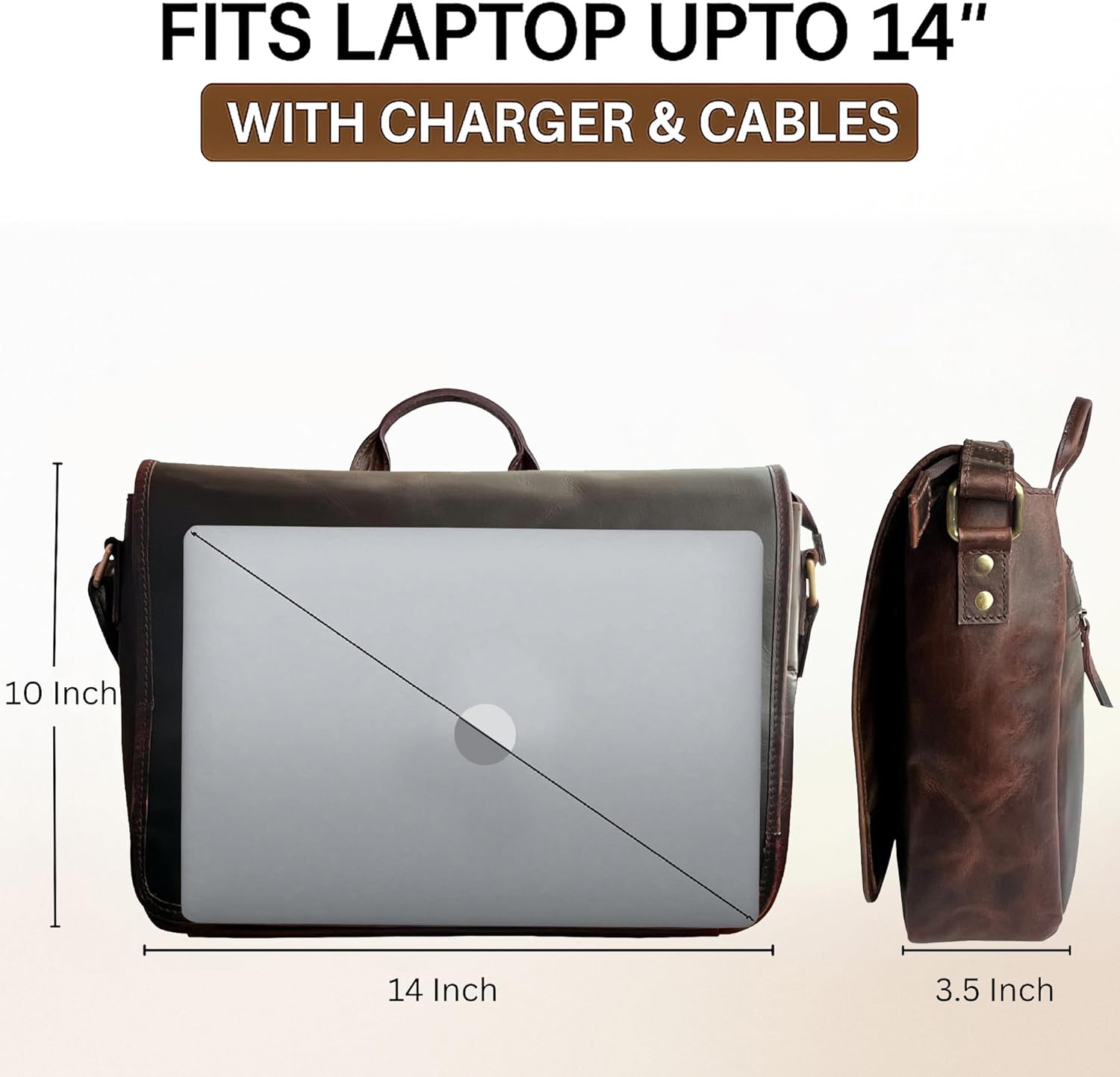 Leather Messenger Bag for Men 14" Leather Laptop Bag Vintage Crossbody Office Satchel Travel Shoulder Bag - Image 3