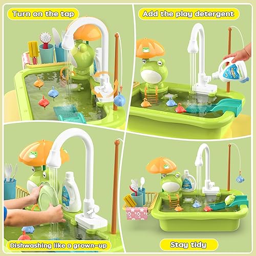 Miniatura 5 de Dreamon Juguete de fregadero con agua corriente, accesorios de cocina para niños con circulación automática de agua, juego de pesca flotante para