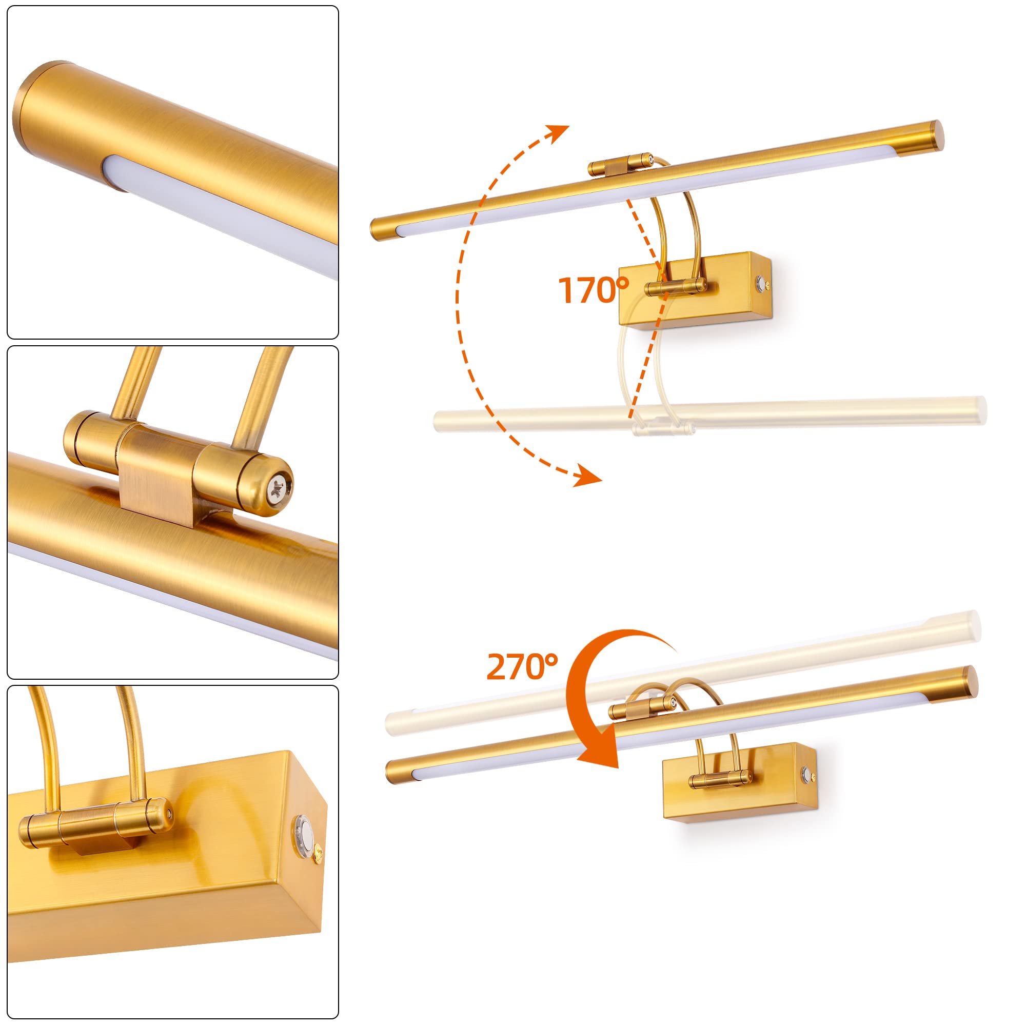 MantoLite Lámpara de Pared LED Regulable 15W, 60CM Interior Iluminación para Cuadros y Expositores, Cabeza Giratoria, Lectura, Latón Mate, Baño Espejo Apliques de Pared 3000K/4000K/6000K