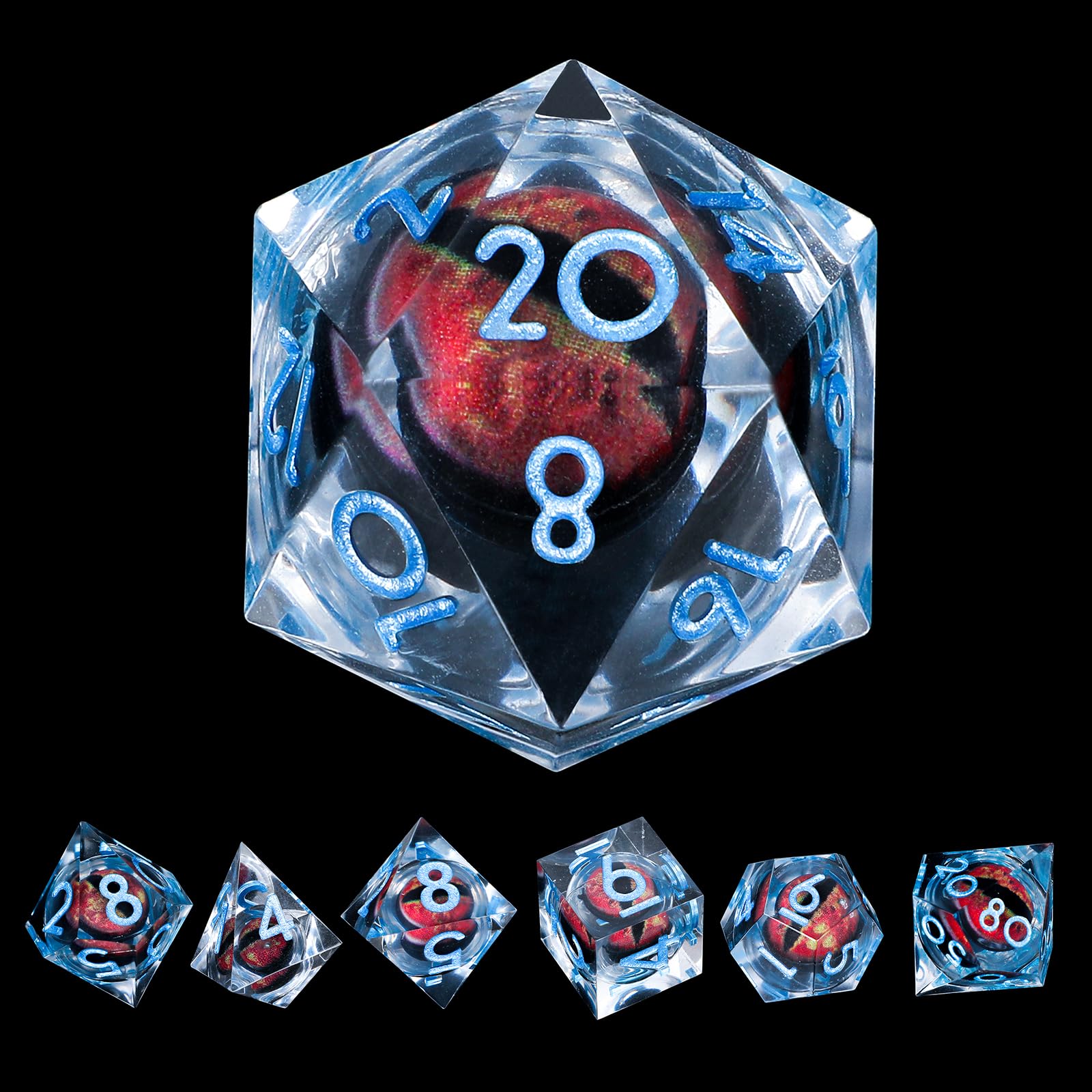 Beholder's Eye DND Dice Rotatable Dragon Eyes Liquid Core 7pcs Dungeons and Dragons Die, Sharp Edge Resin Dice for TRPG, Multi-Sided RPG Polyhedral Table Top Role Playing D20 D12 D10/D% D8 D6 D4